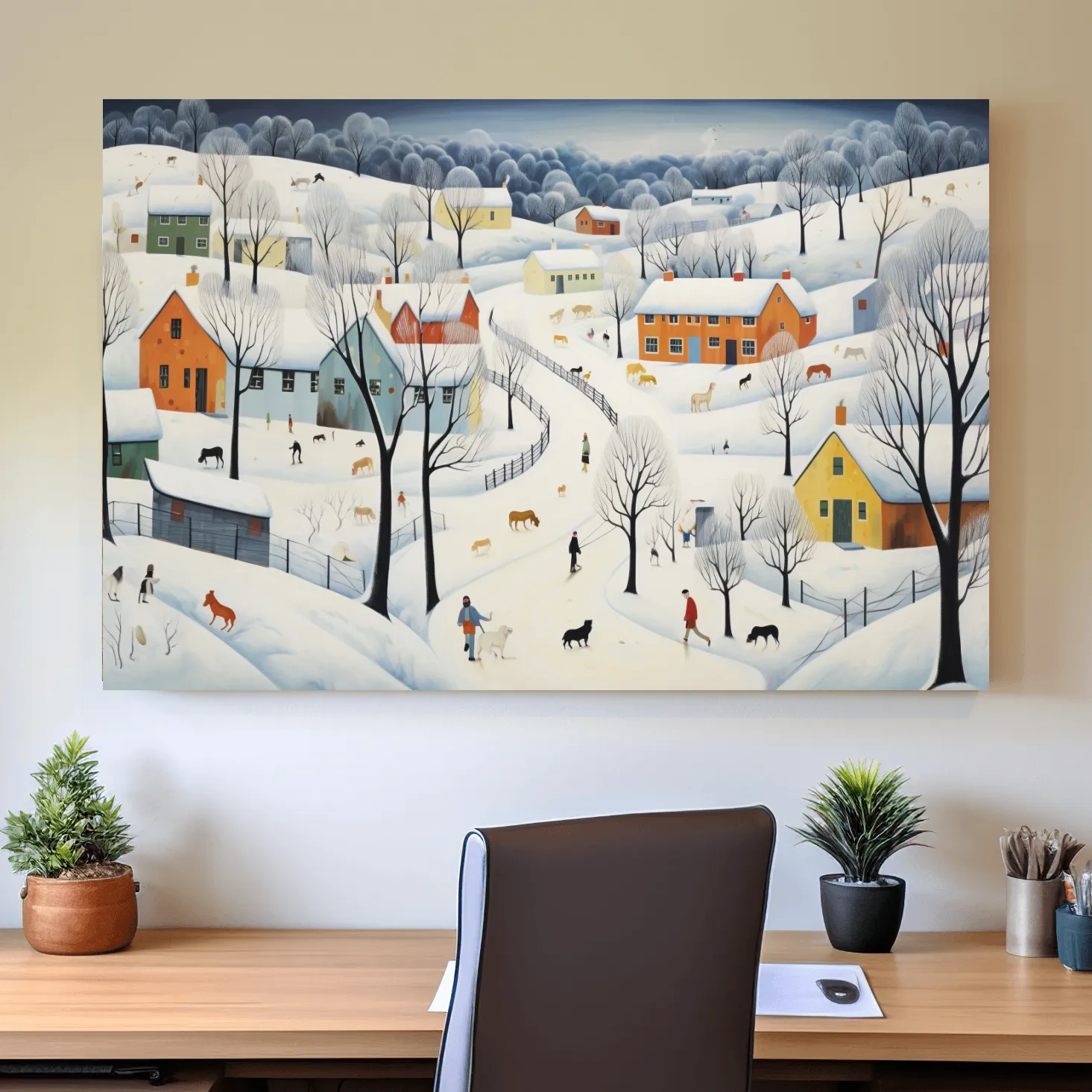 Quirky painting of a mountain village in the snow