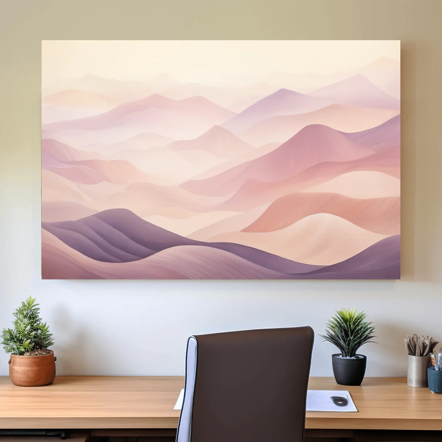 Soft and subtle purple pastel mountains in the fog artwork