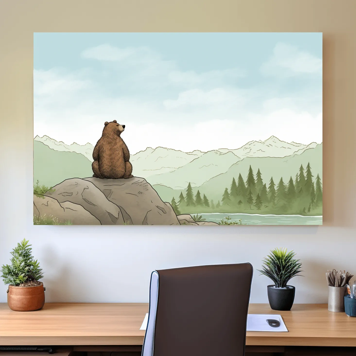 Whimsical Bear Overlooking Mountains - Cute Illustrated Nursery Wall Art