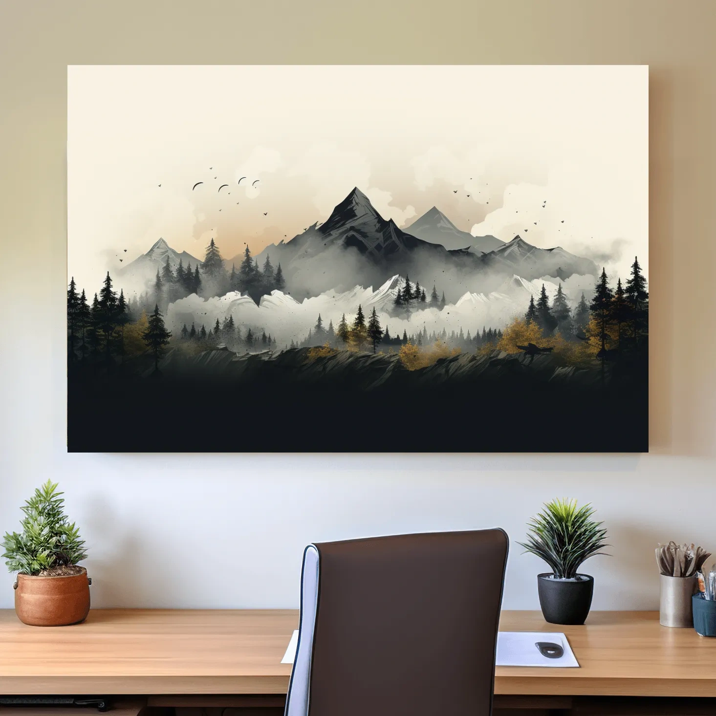Misty Mountain Range With Pine Forest Illustration - Moody Landscape Wall Art