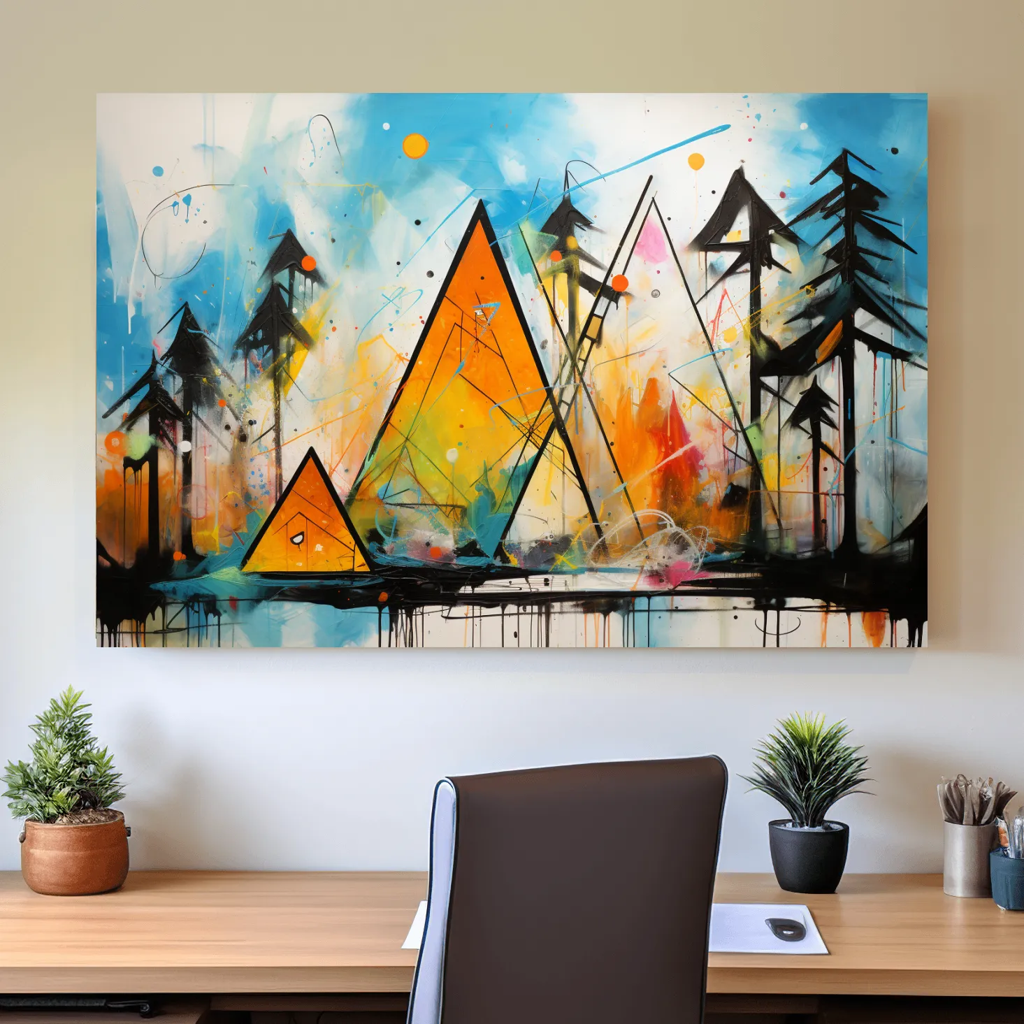 Abstract colourful mountain shapes, triangles forming mountains painting