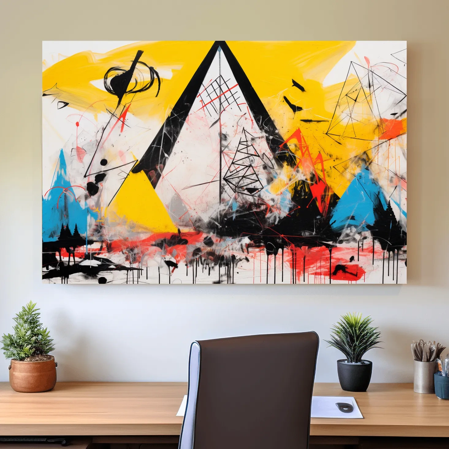 Abstract energetic graffiti style geometric mountain painting