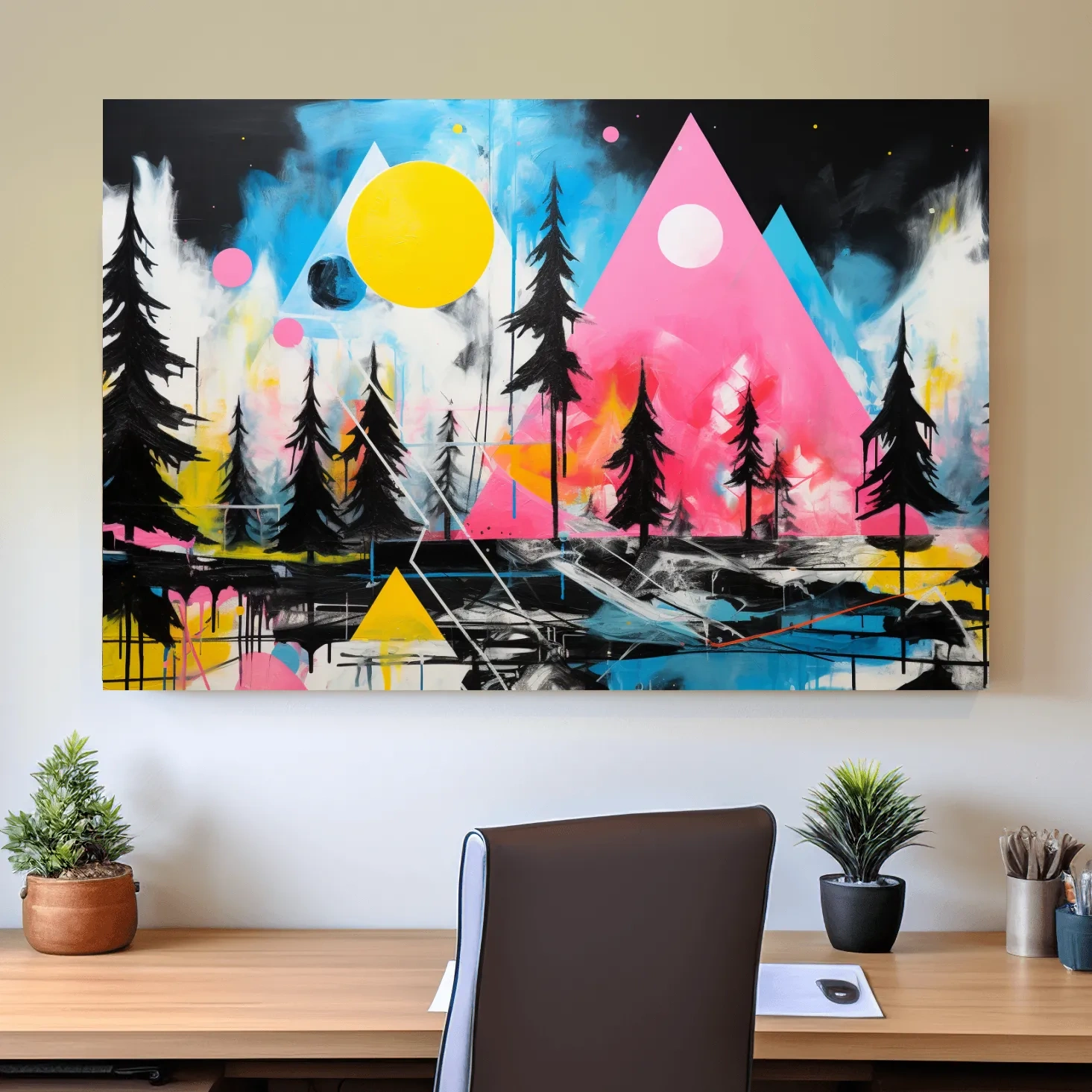Abstract acrylic painting, mountain shapes and trees