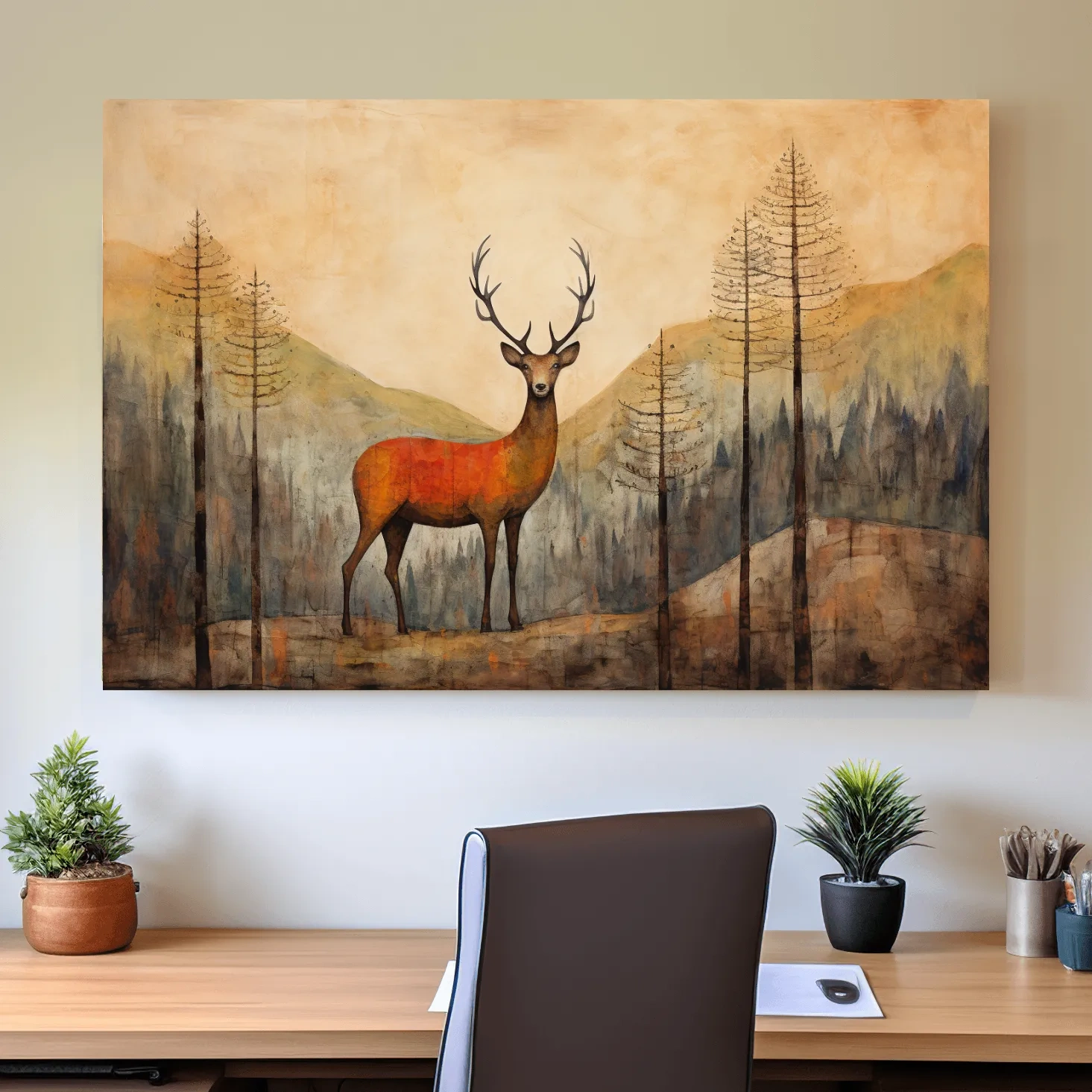 Rustic Woodland Stag Watercolor Painting - Autumn Mountain Forest Wildlife Wall Art