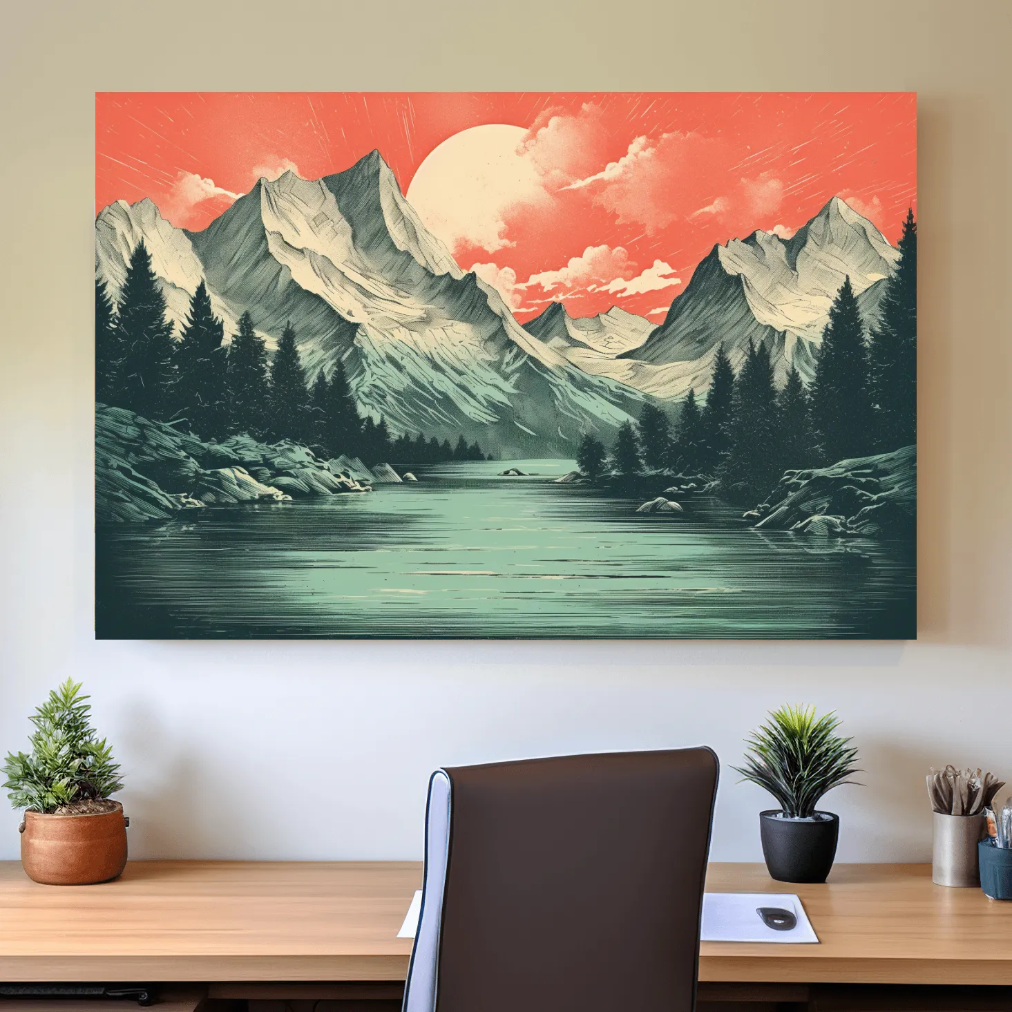 Retro Alpine Mountain Lake Sunset - Vintage Risograph Landscape Wall Art