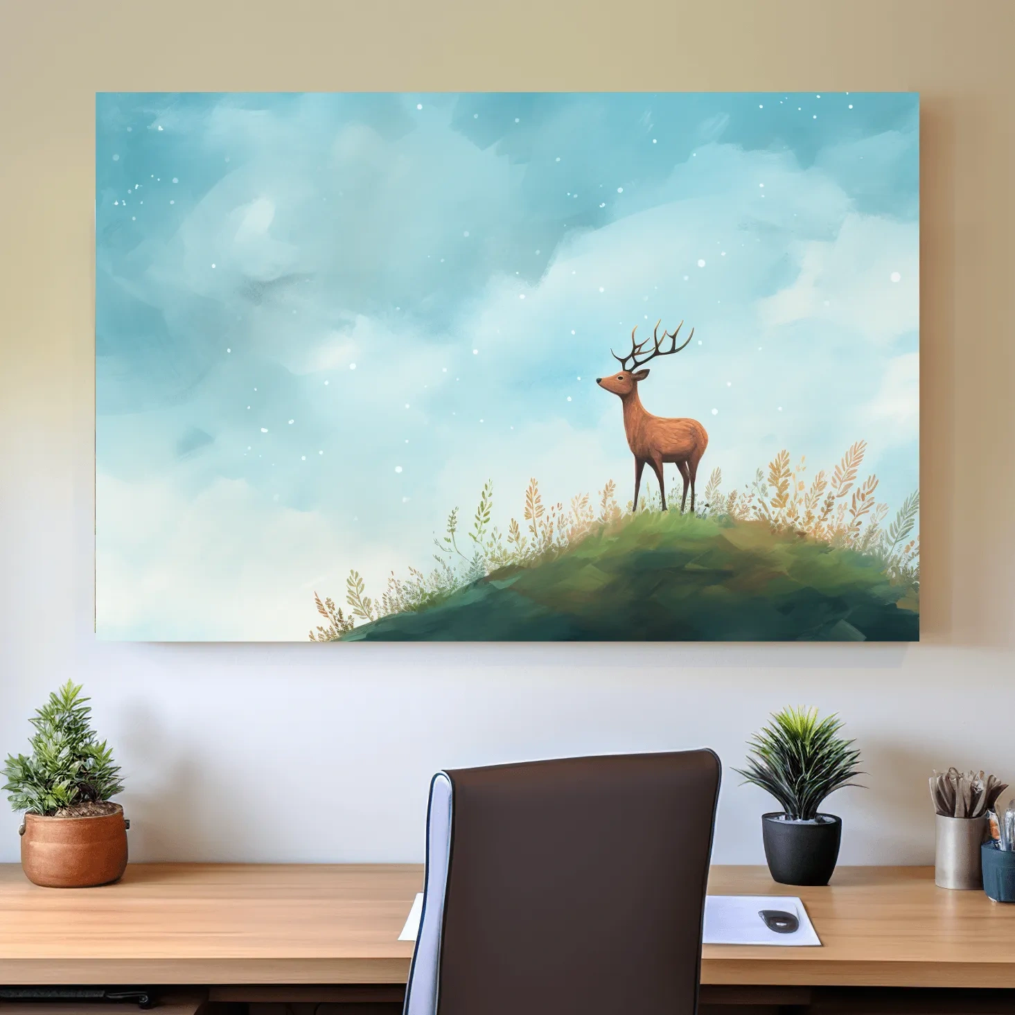 Whimsical Watercolor Stag On Meadow Hill - Nursery Woodland Wildlife Wall Art