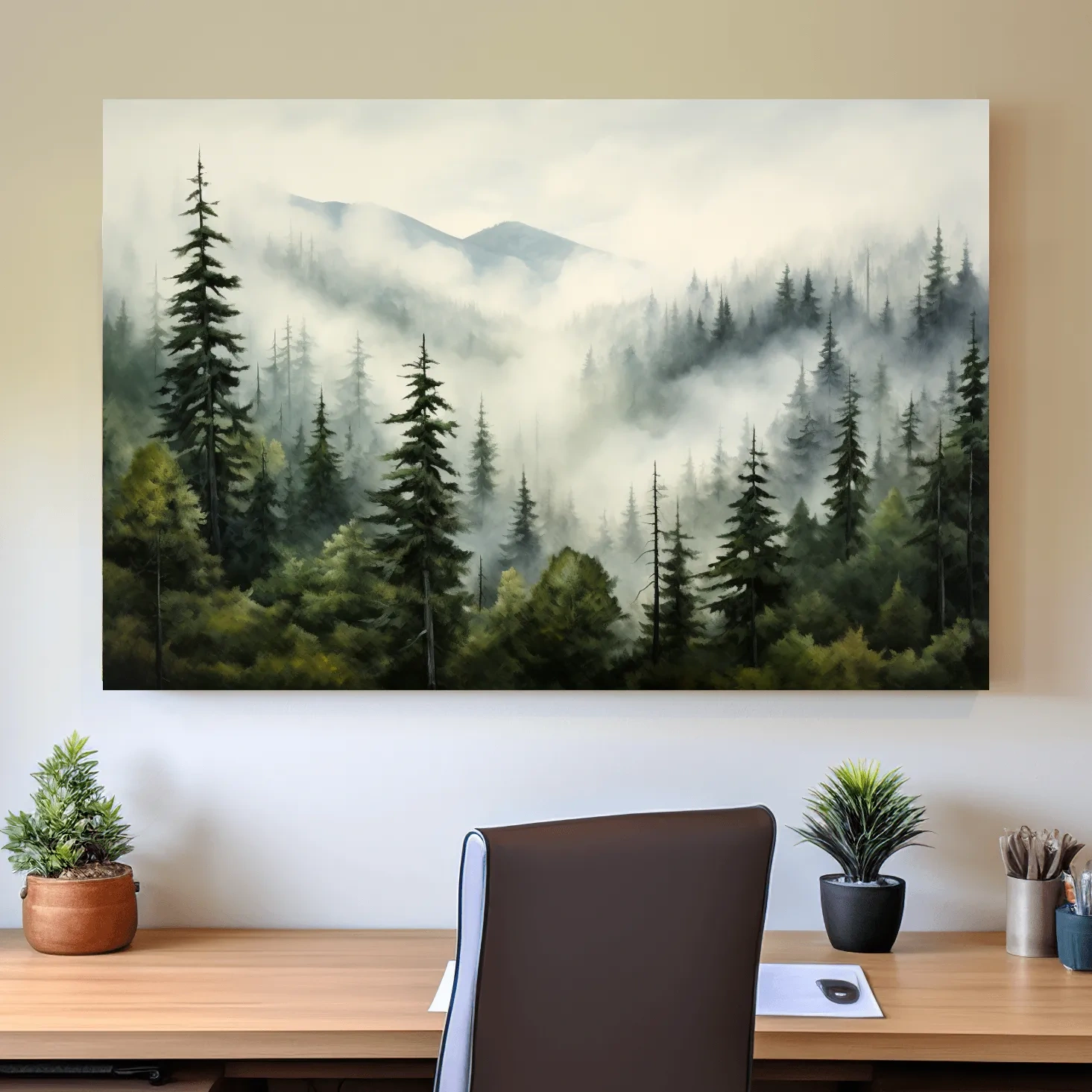 Foggy Alpine Mountain Forest Painting - Moody Watercolor Landscape Wall Art