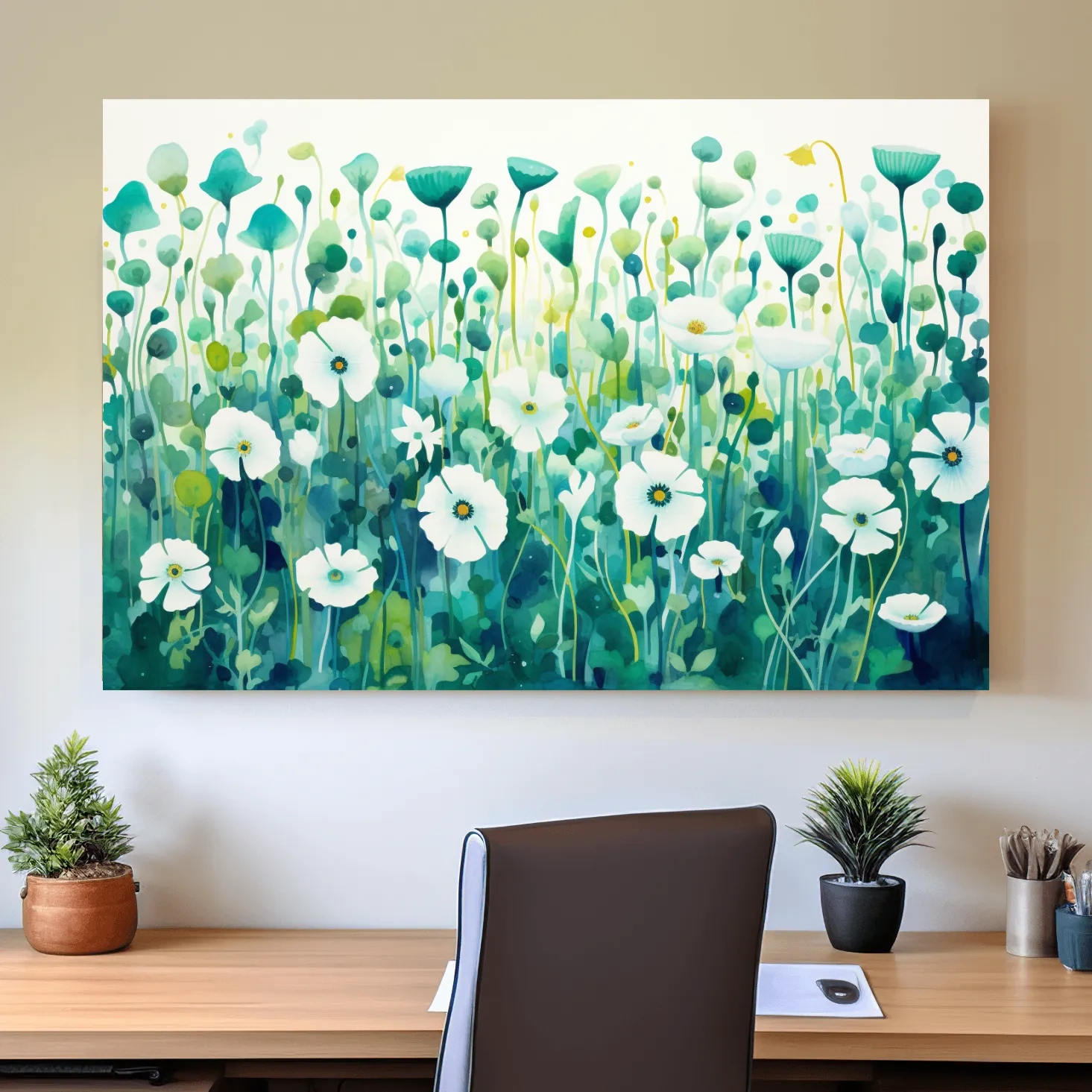Painting of green flower patterns, colorful floral wall art
