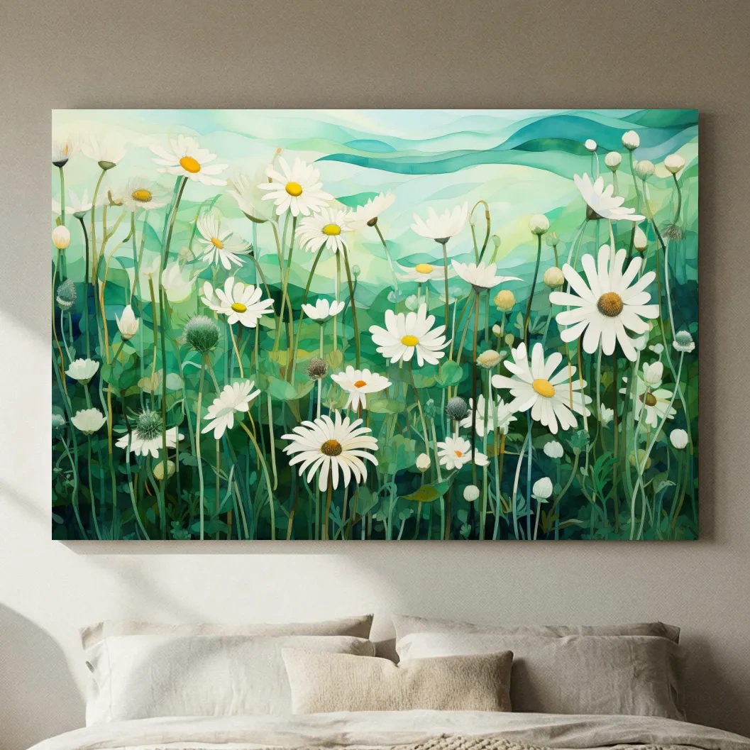 Whimsical Wild Daisy Meadow Landscape - Botanical Watercolor Style Wall Art