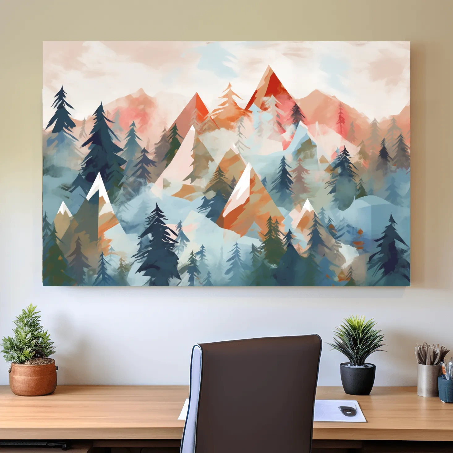Abstract Watercolor Alpine Mountains And Pine Forest - Modern Geometric Landscape Wall Art