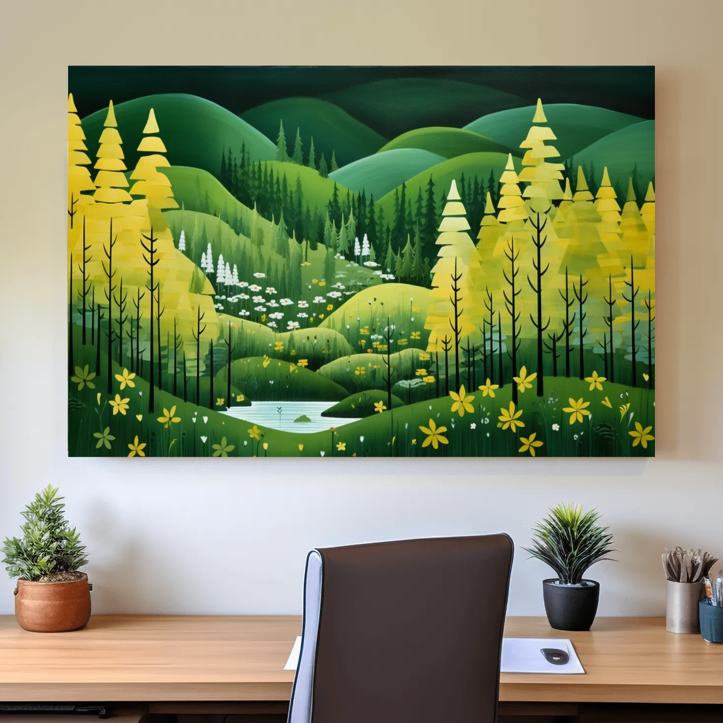 Painting of a pine autumn forest and rolling green hills