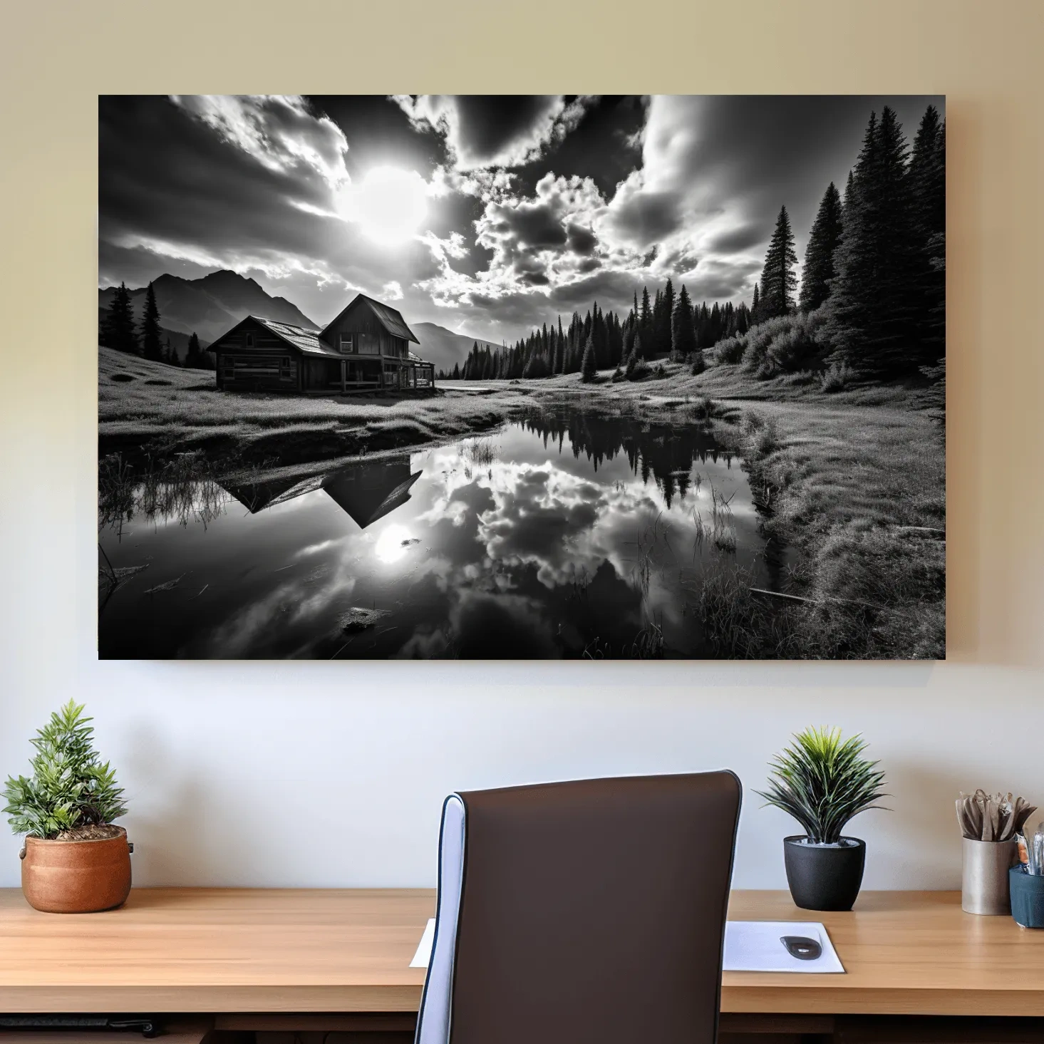 Black and white high contrast photograph of a cabin by the lake