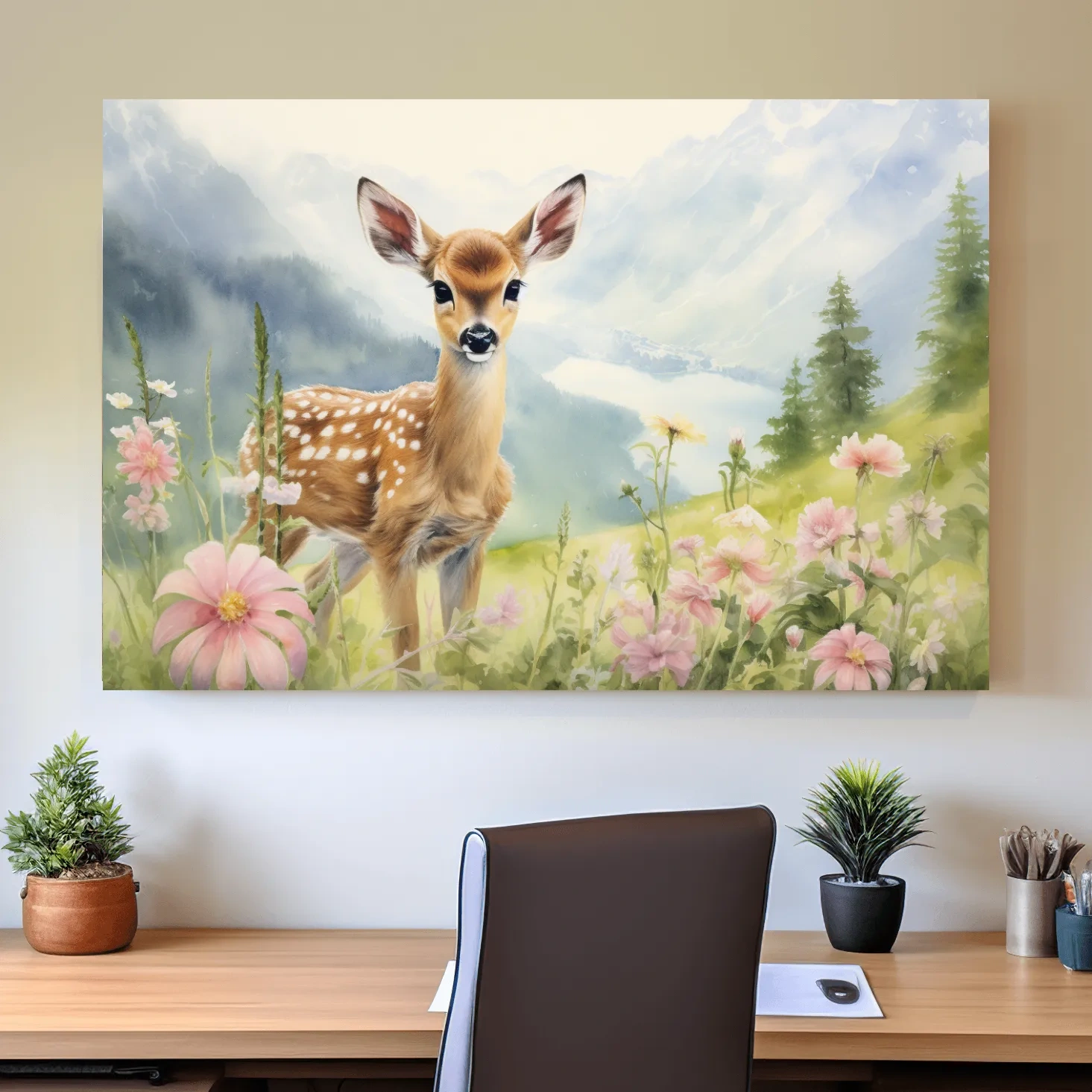 Painting of a deer fawn in the alpine meadows