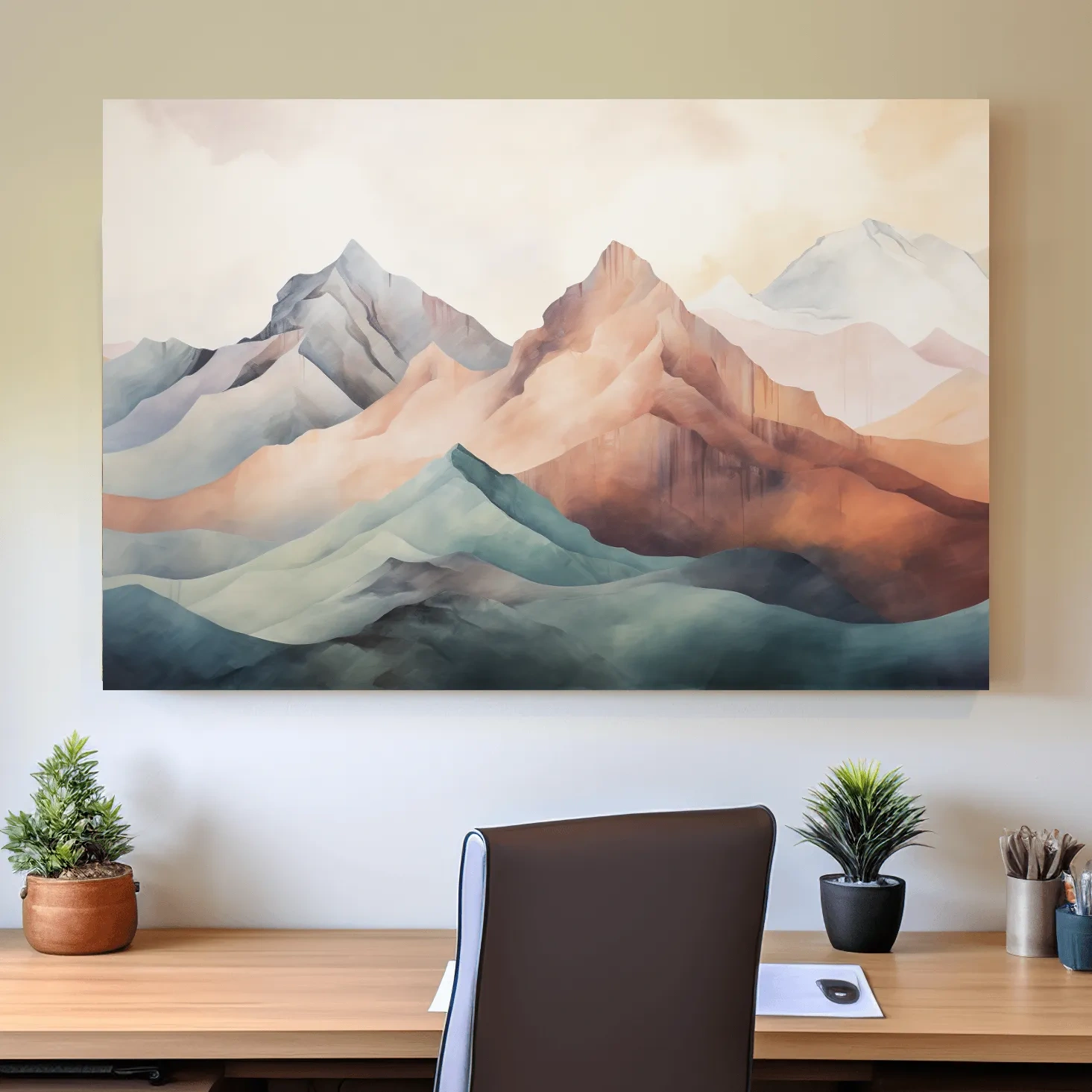 Subtle pastel mountain painting artwork on canvas