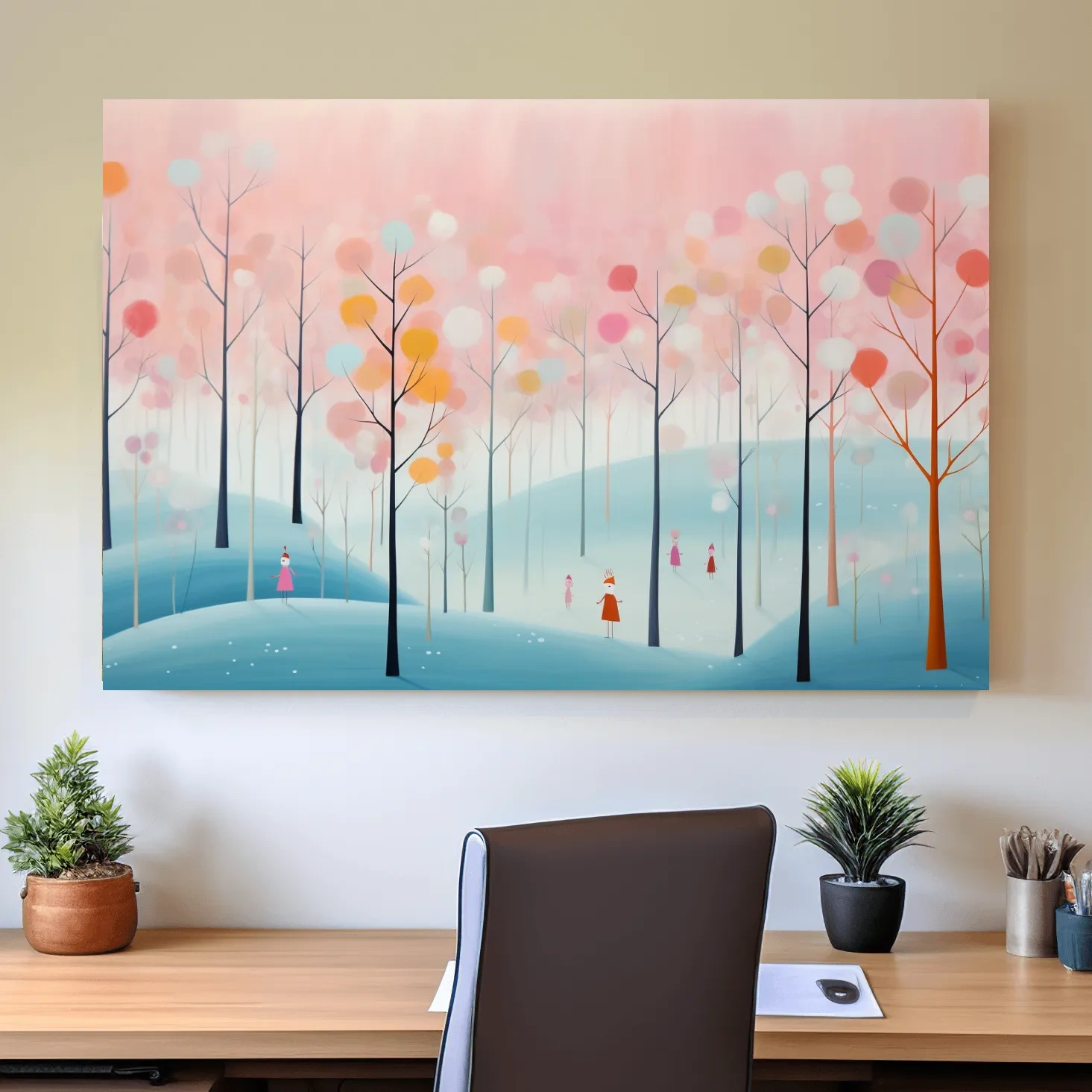 Quirky illustration artwork of a pastel forest