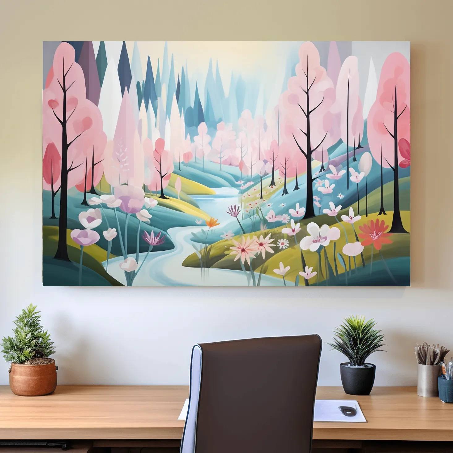 Dreamy Pastel Pink Blossom Forest - Whimsical Floral Landscape Wall Art