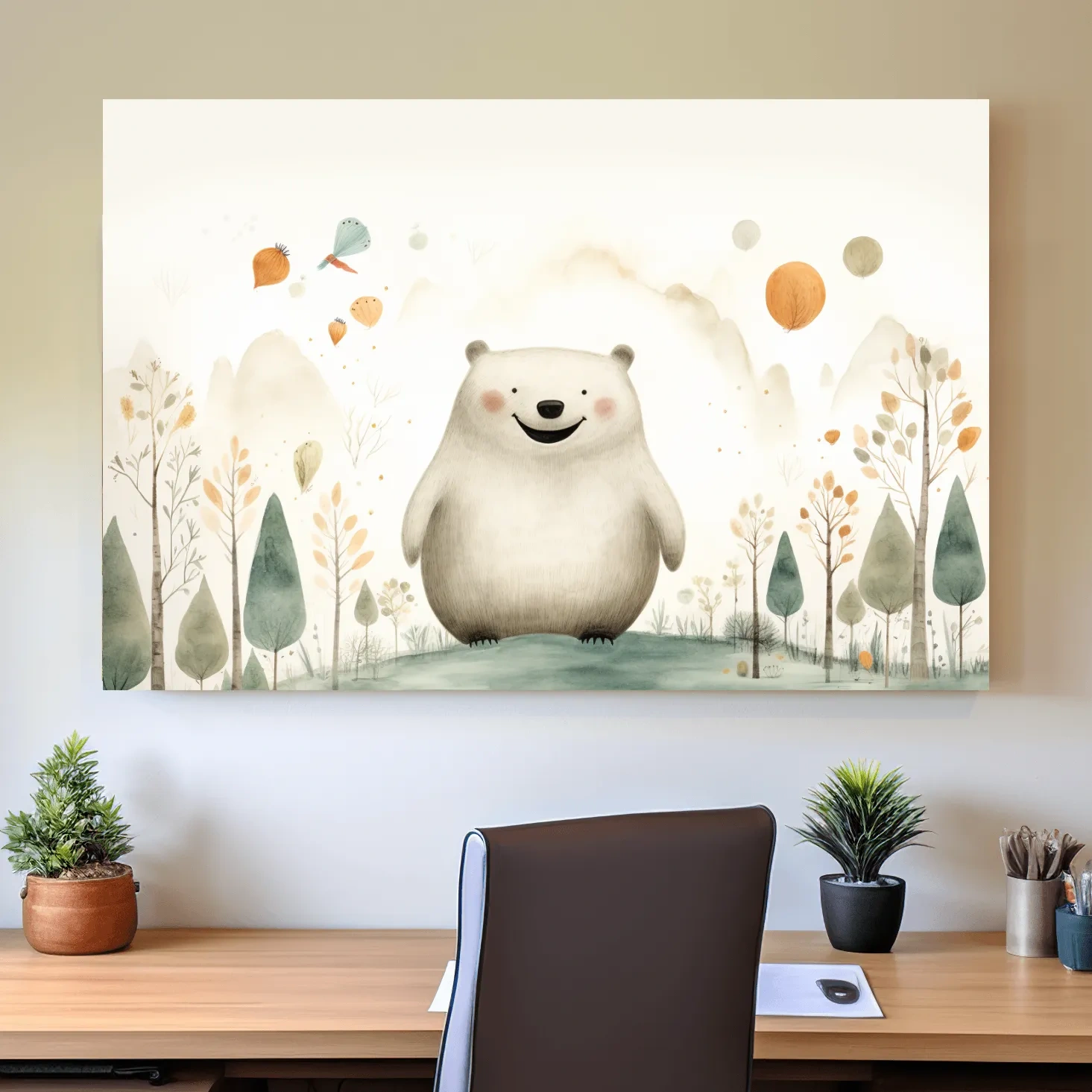 Storybook nursery art, happy bear in the forest