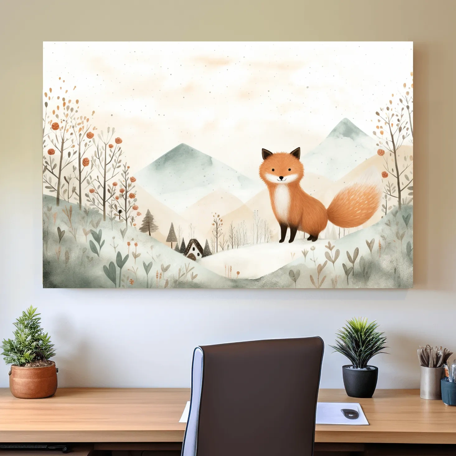 Cute happy fox in the mountains, childrens storybook illustration artwork