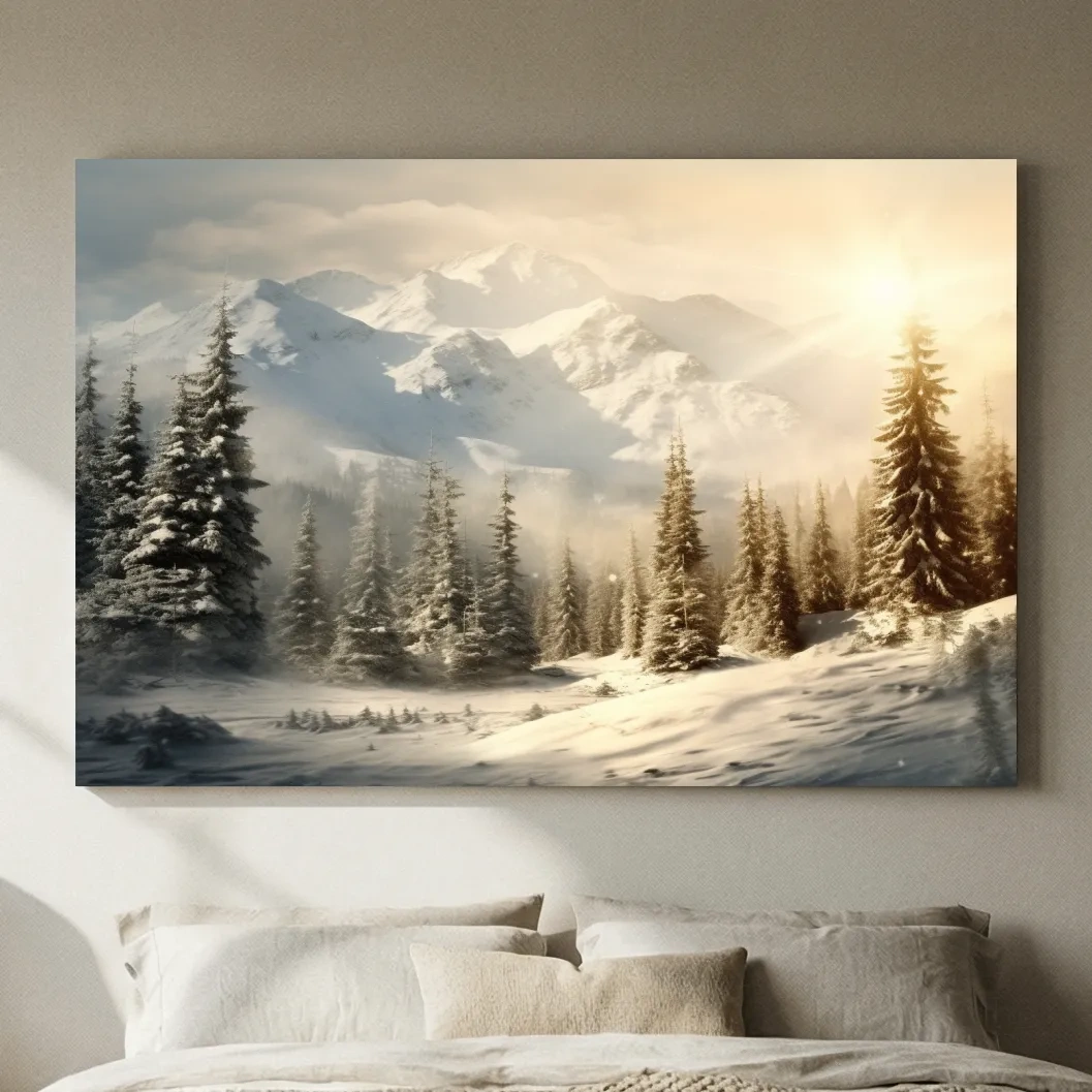 Golden Sunrise Snowy Mountain Landscape - Serene Winter Pine Forest Wall Art