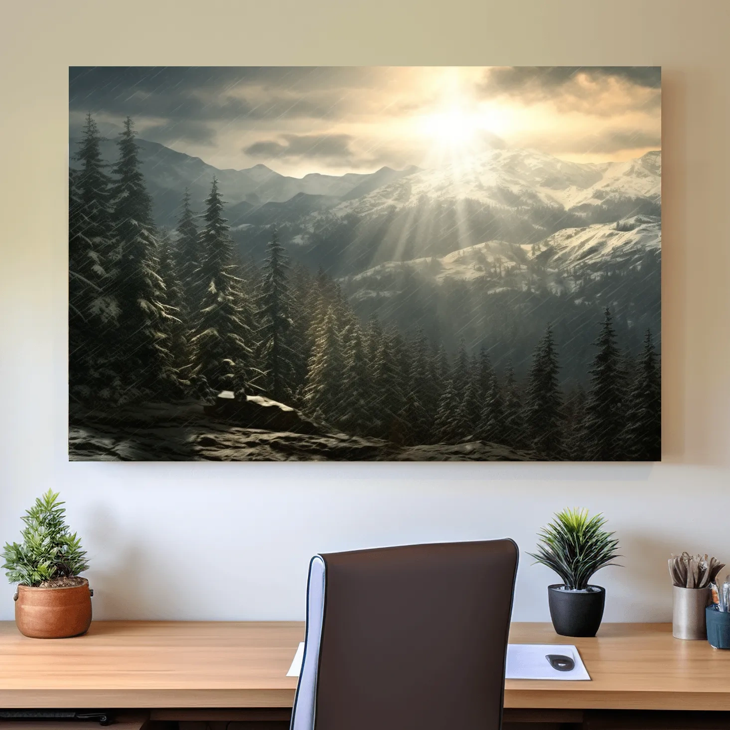Sunset snowstorm, realistic snow mountain painting