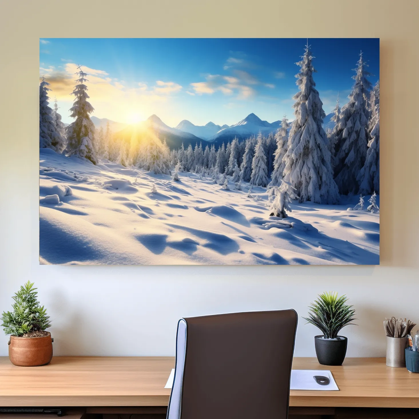 Snowy Sunrise Alpine Forest Landscape - Serene Photographic Nature Wall Art