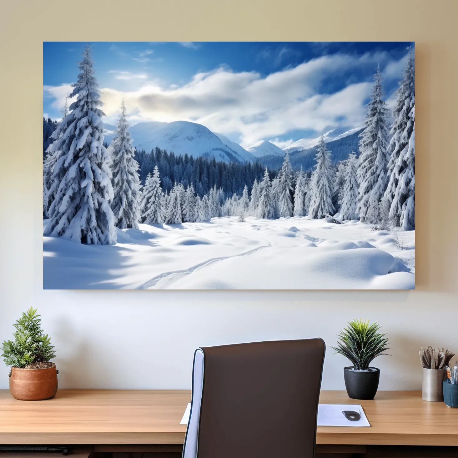 Skin tracks in the alpine, snow covered forest photograph art