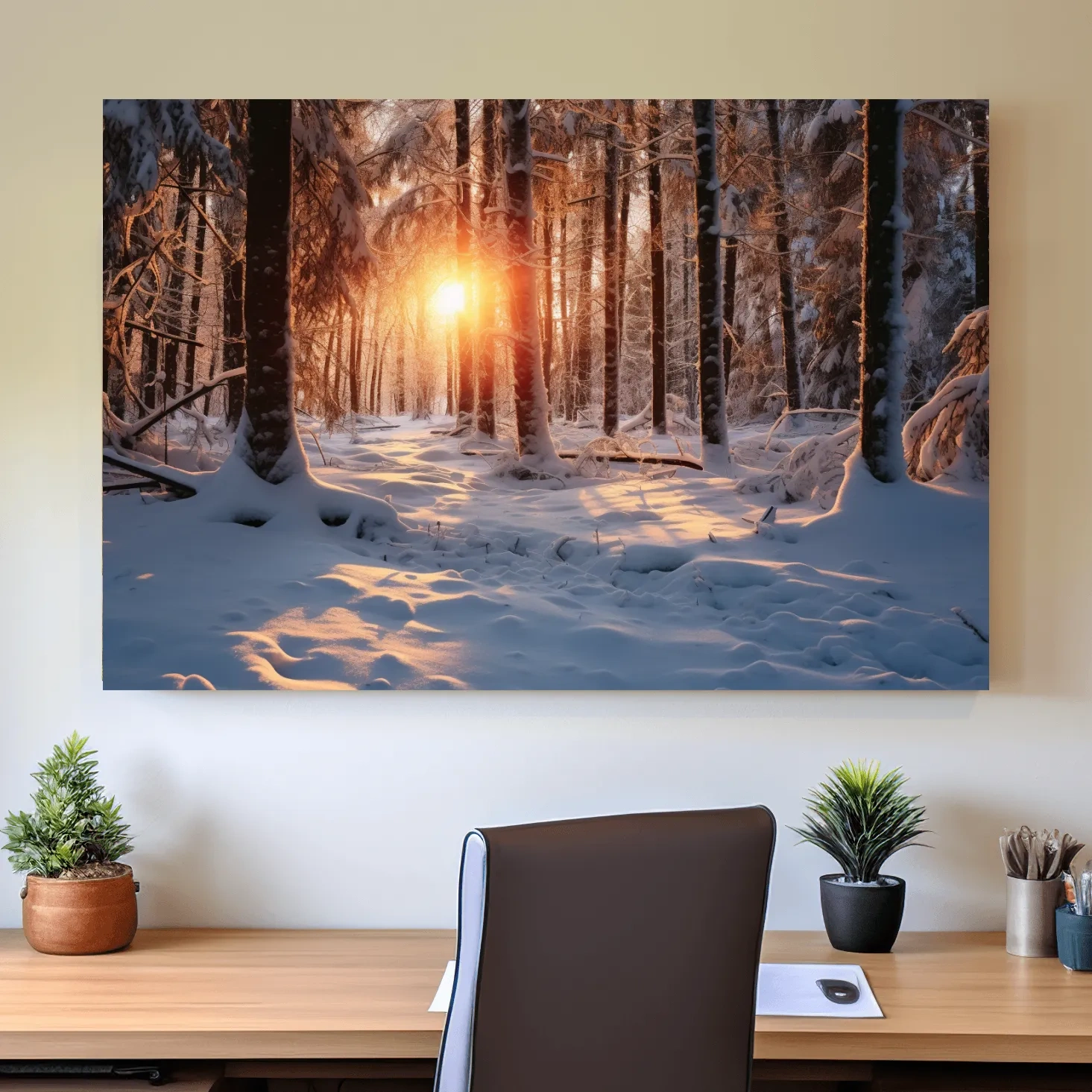 Golden Winter Sunrise Snowy Forest - Serene Nature Landscape Wall Art