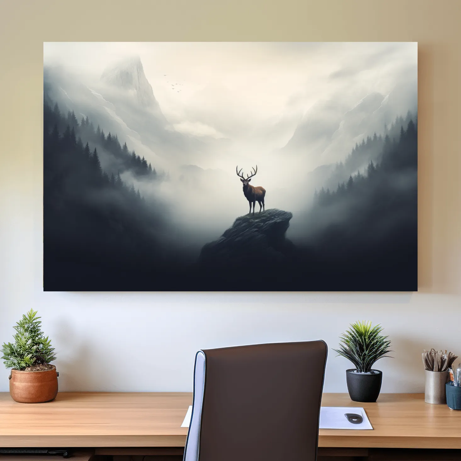 Painting of a majestic deer standing in the fog