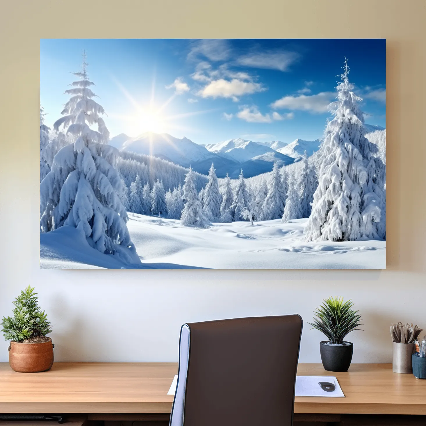 Photograph of a snow covered forest and a clear blue sunny sky