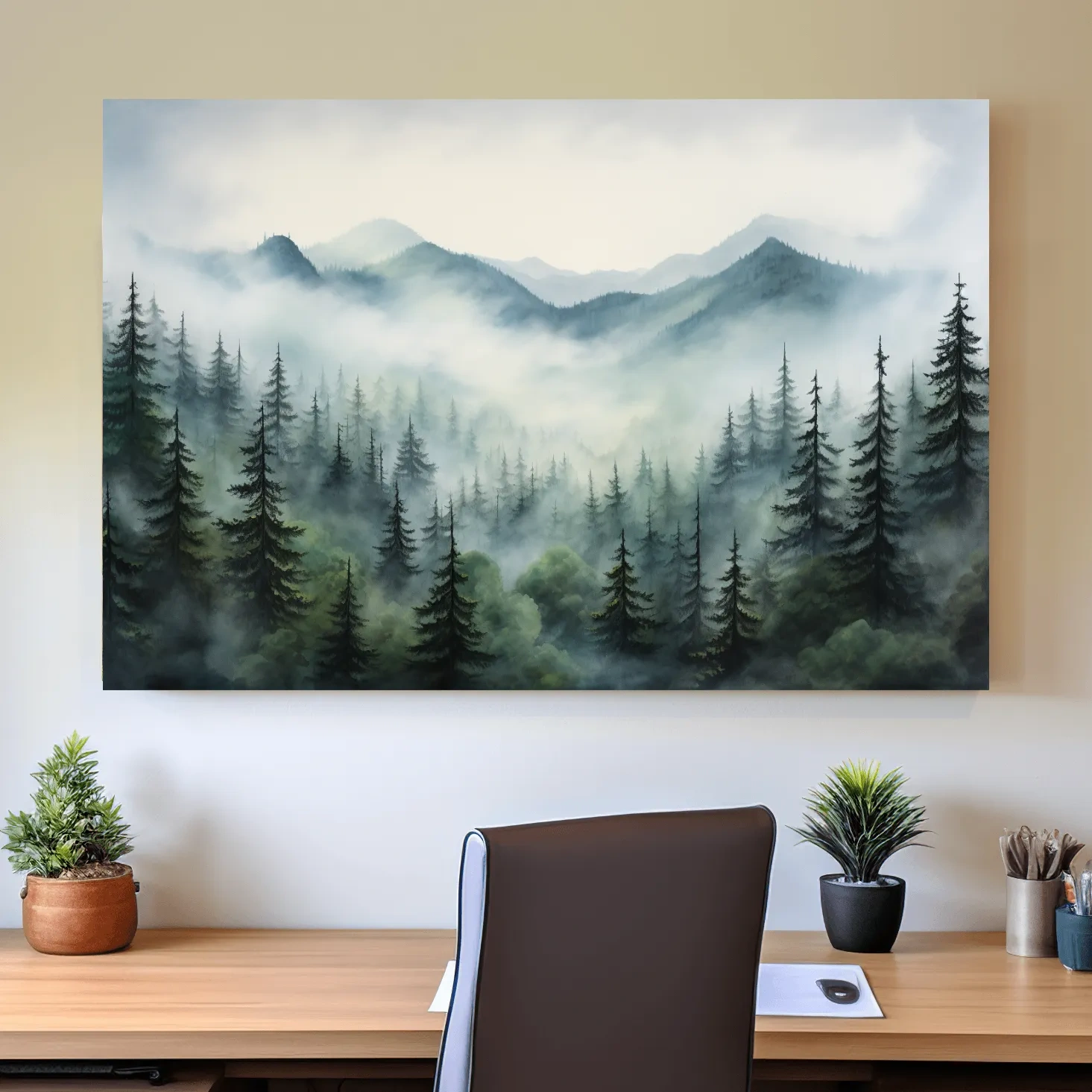 Misty Alpine Forest Painting - Foggy Mountain Landscape Art