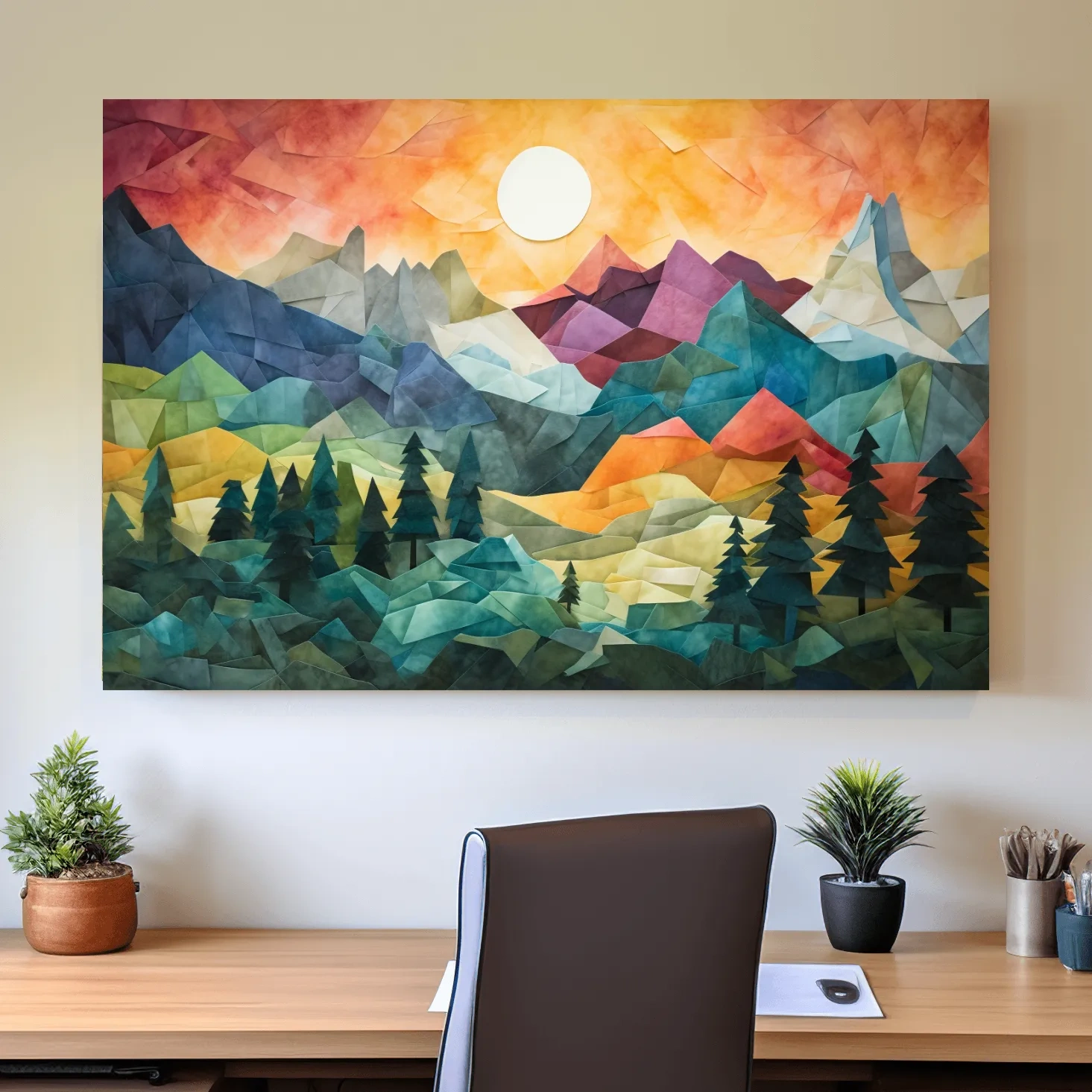 Abstract alpine mountain art at sunset, mixed media patchwork style
