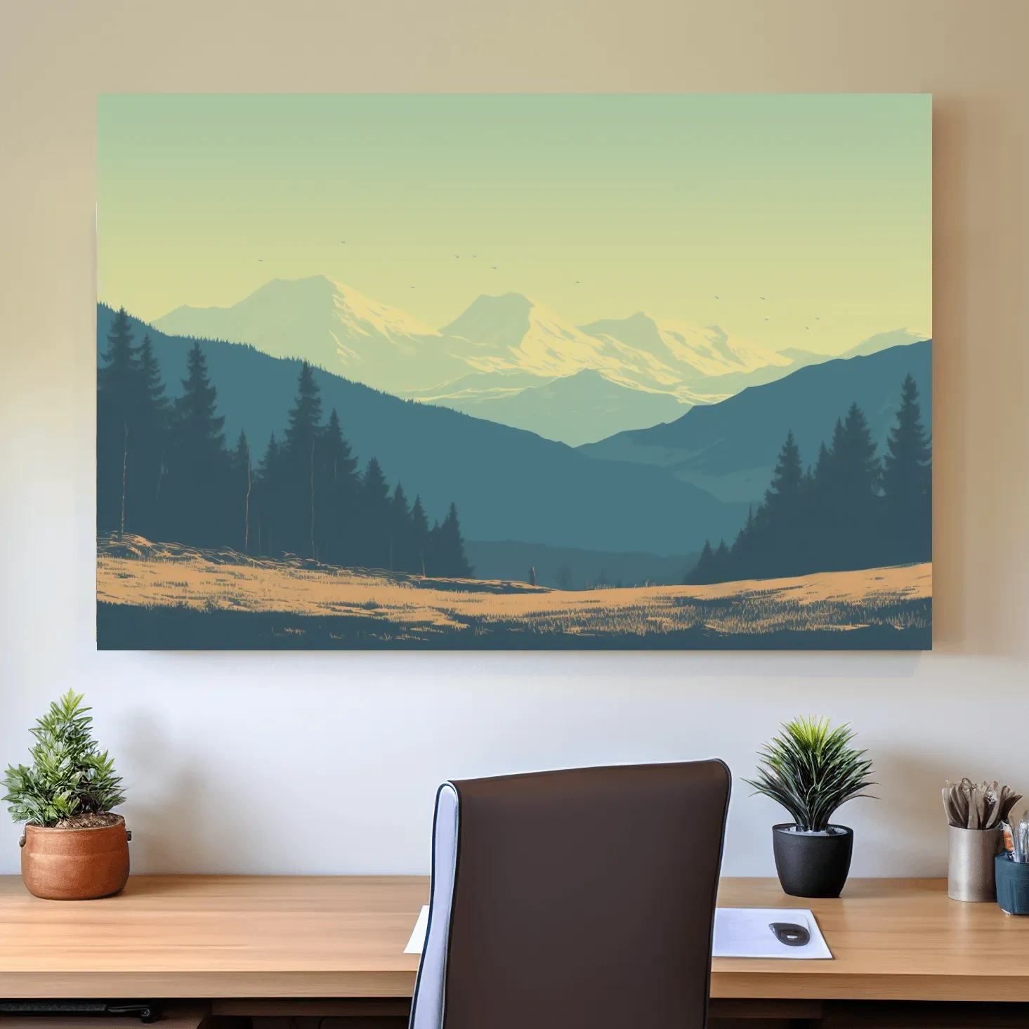 Pacific North West hazy glacier mountain scene, postcard style vector artwork