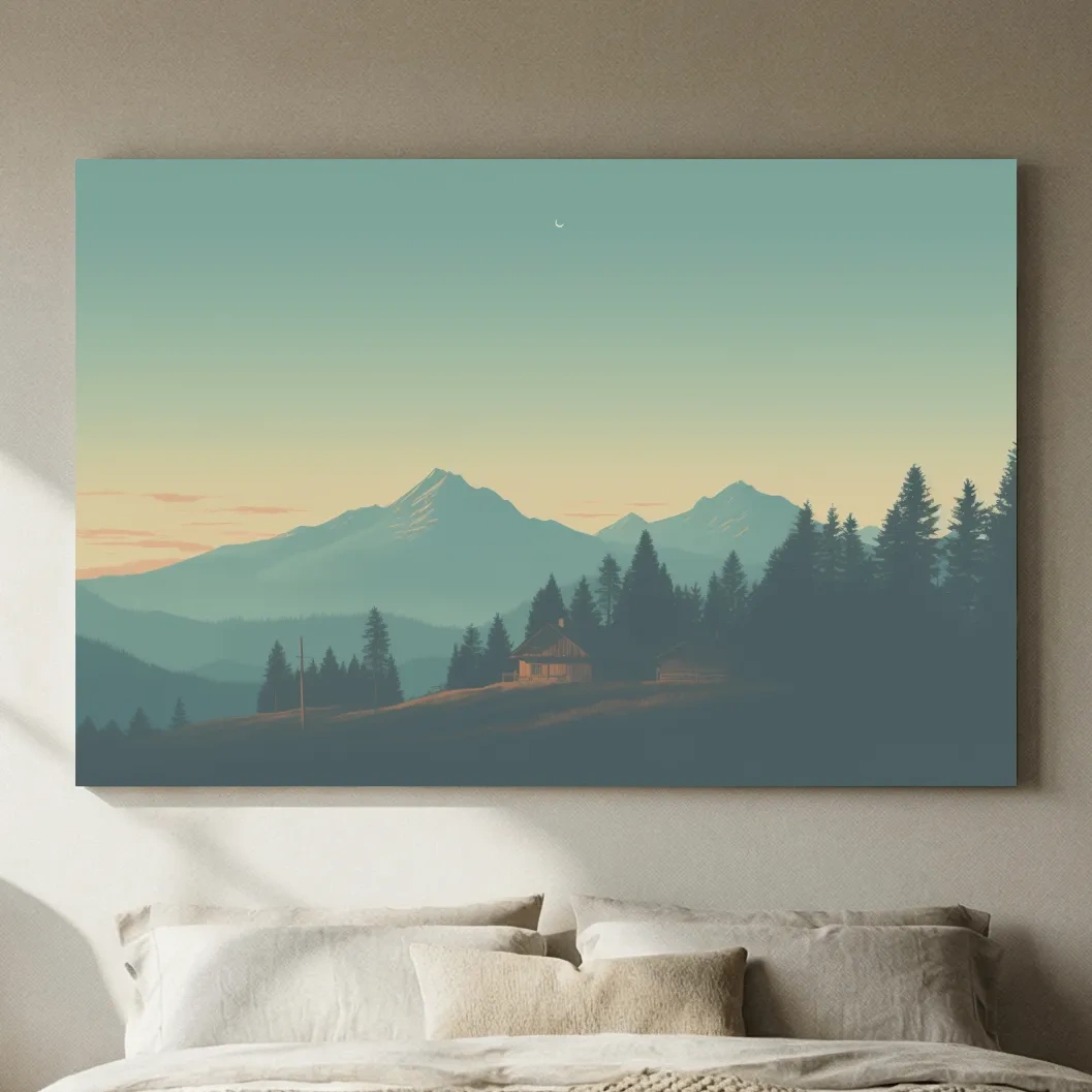 Hazy Alpine Cabin Mountain Sunset - Serene Vintage Landscape Wall Art