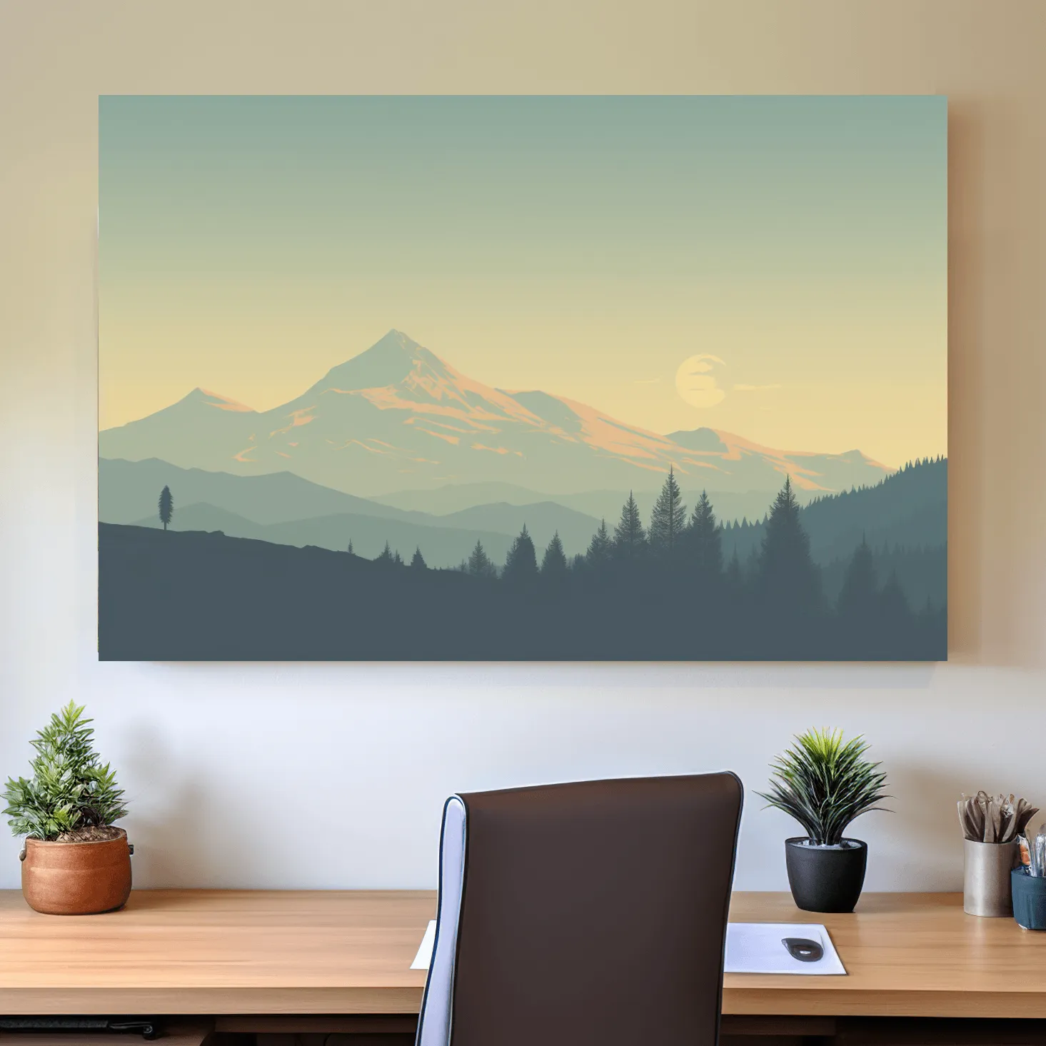 Dusk over the glacier, hazy forest silhouette vector illustration