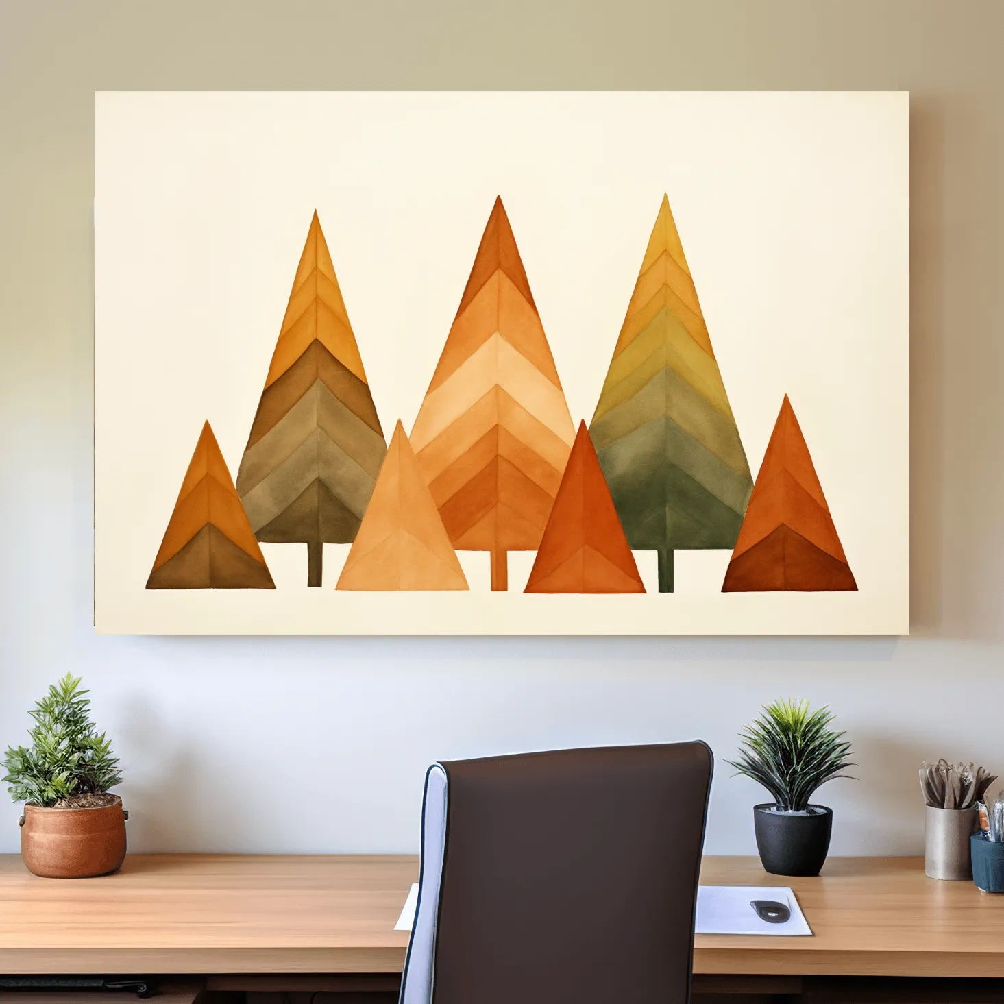 Bohemian style art, minimal forest, triangular trees
