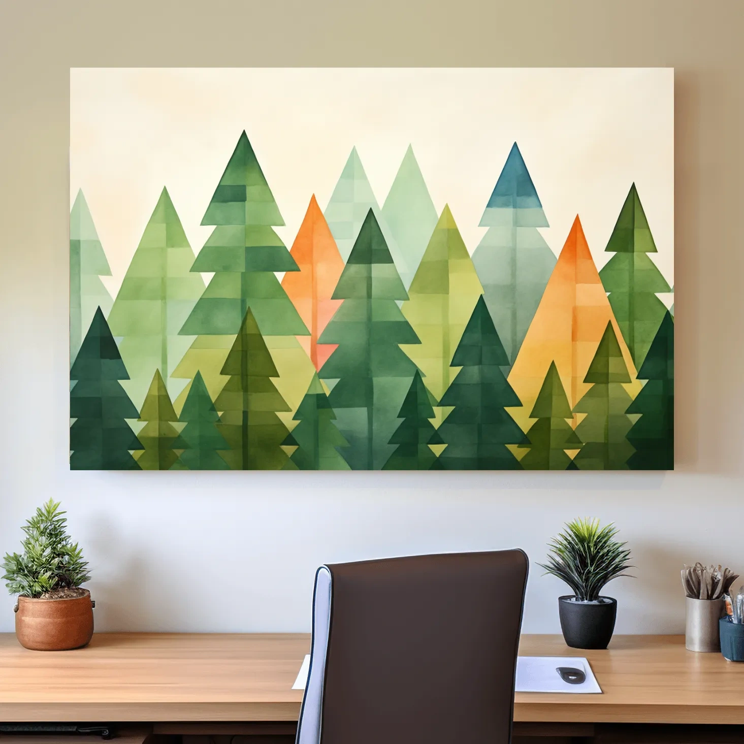 Geometric Watercolor Pine Forest Landscape - Modern Scandinavian Nature Wall Art