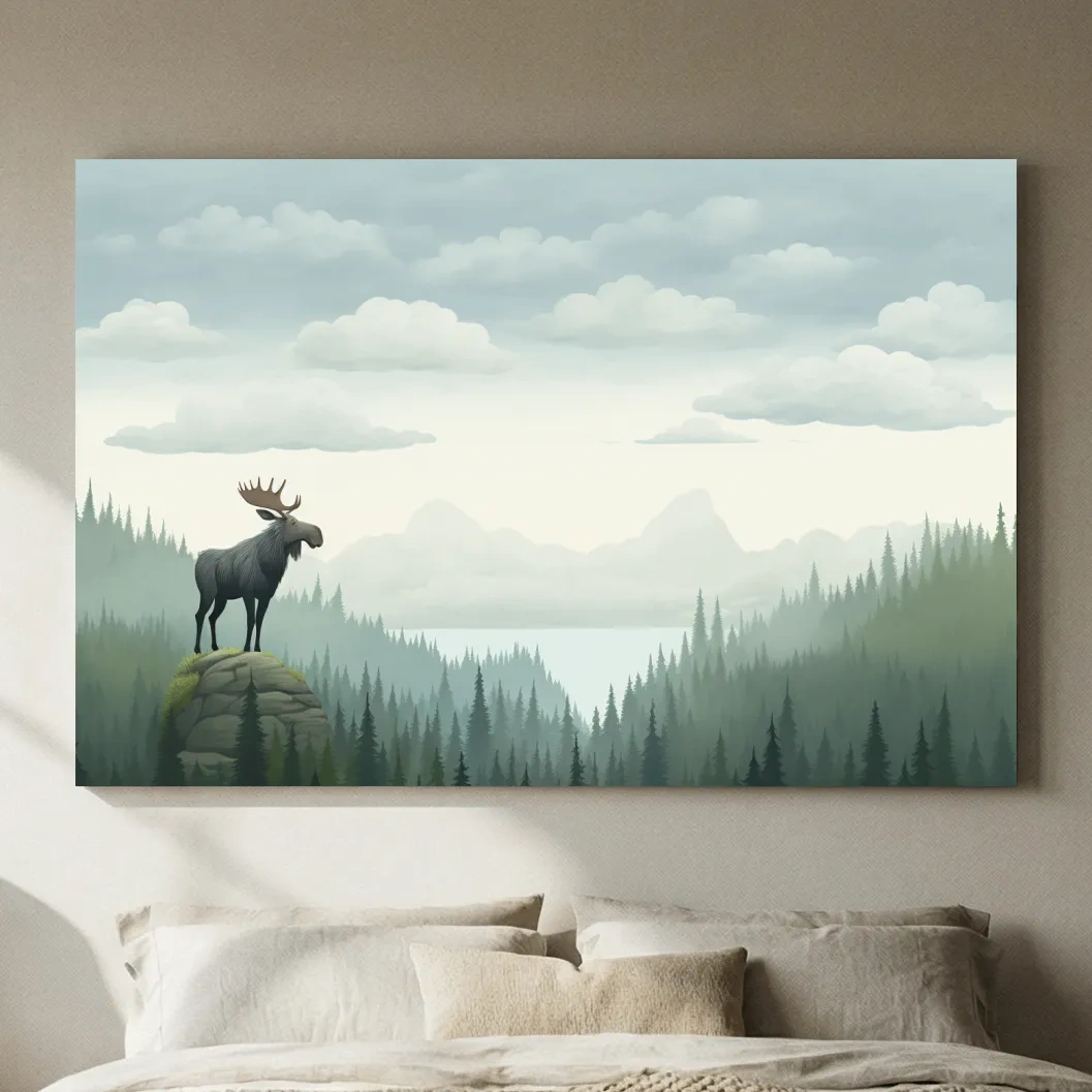 Majestic Moose Over Pine Forest - Nursery Wildlife Mountain Wall Art