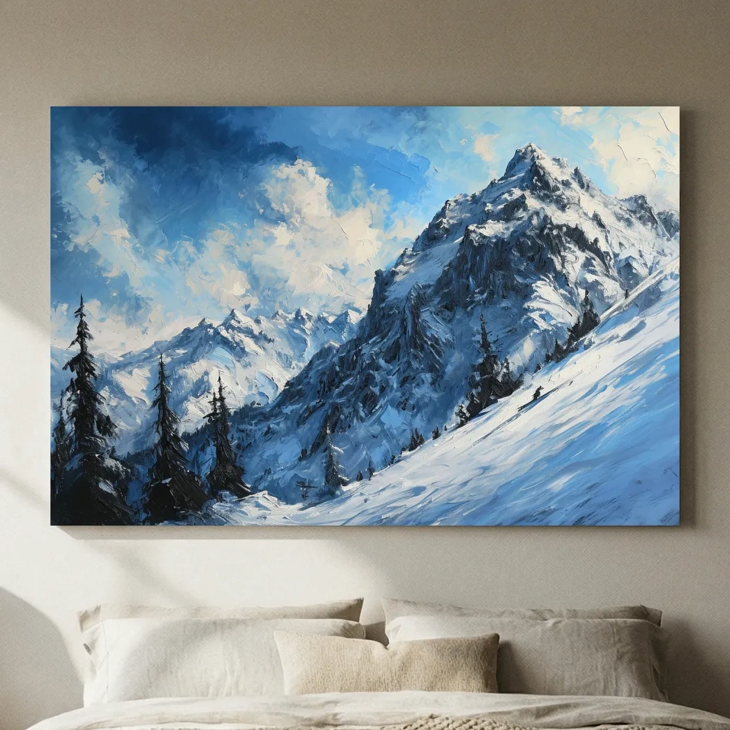 Textured Alpine Snowy Peak Oil Painting - Moody Mountain Landscape Wall Art
