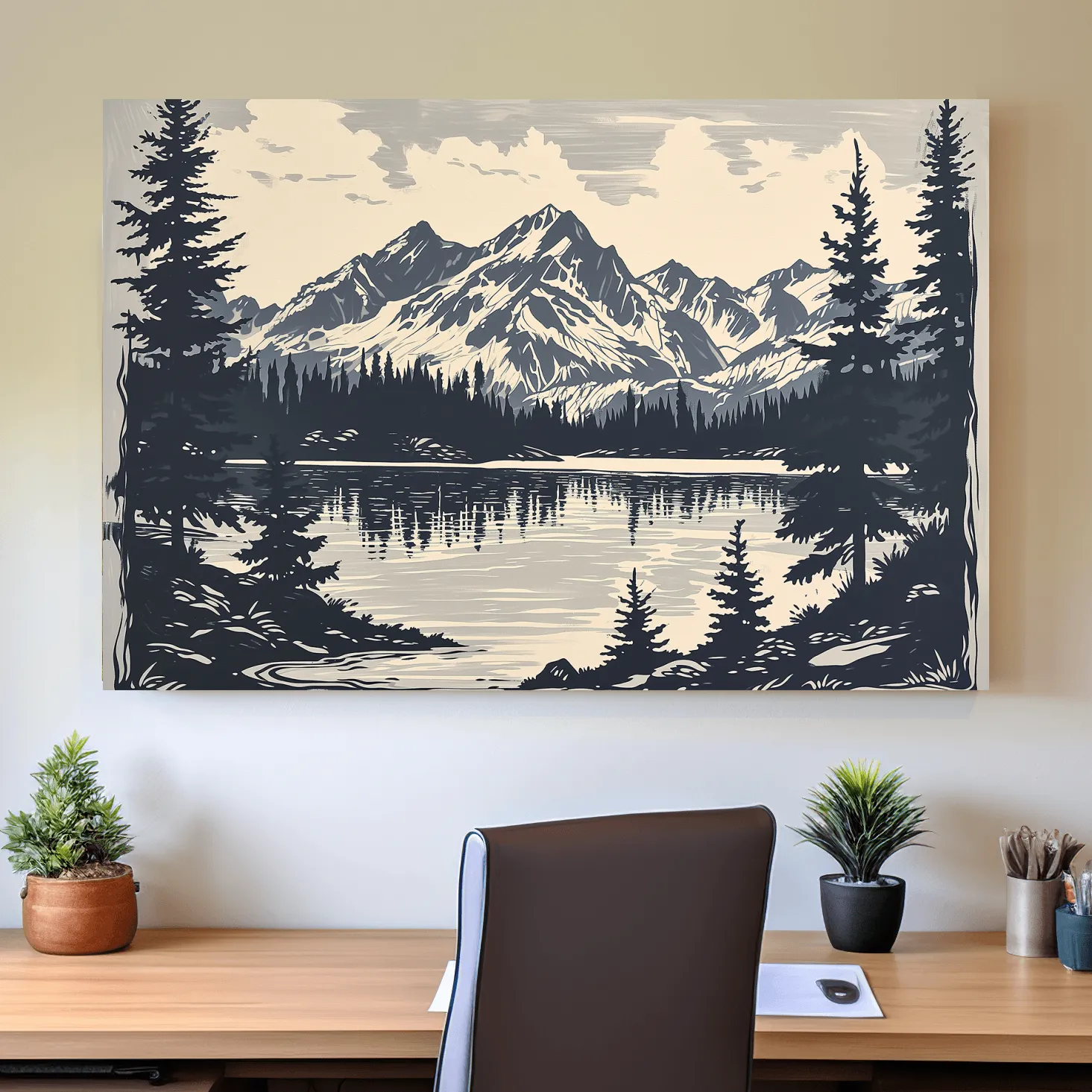 Alpine lake artwork, linocut style art