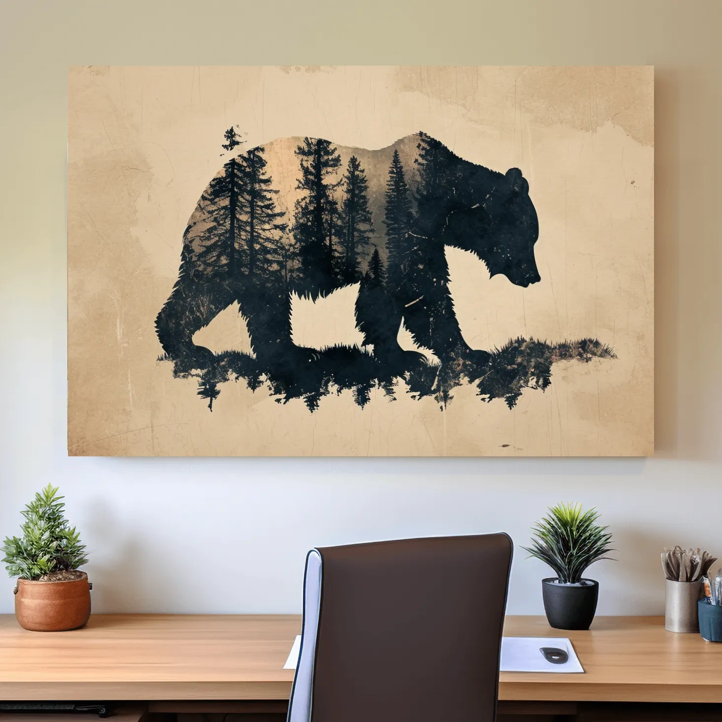 Vintage Grizzly Bear Forest Silhouette - Rustic Sepia Double Exposure Wildlife Wall Art