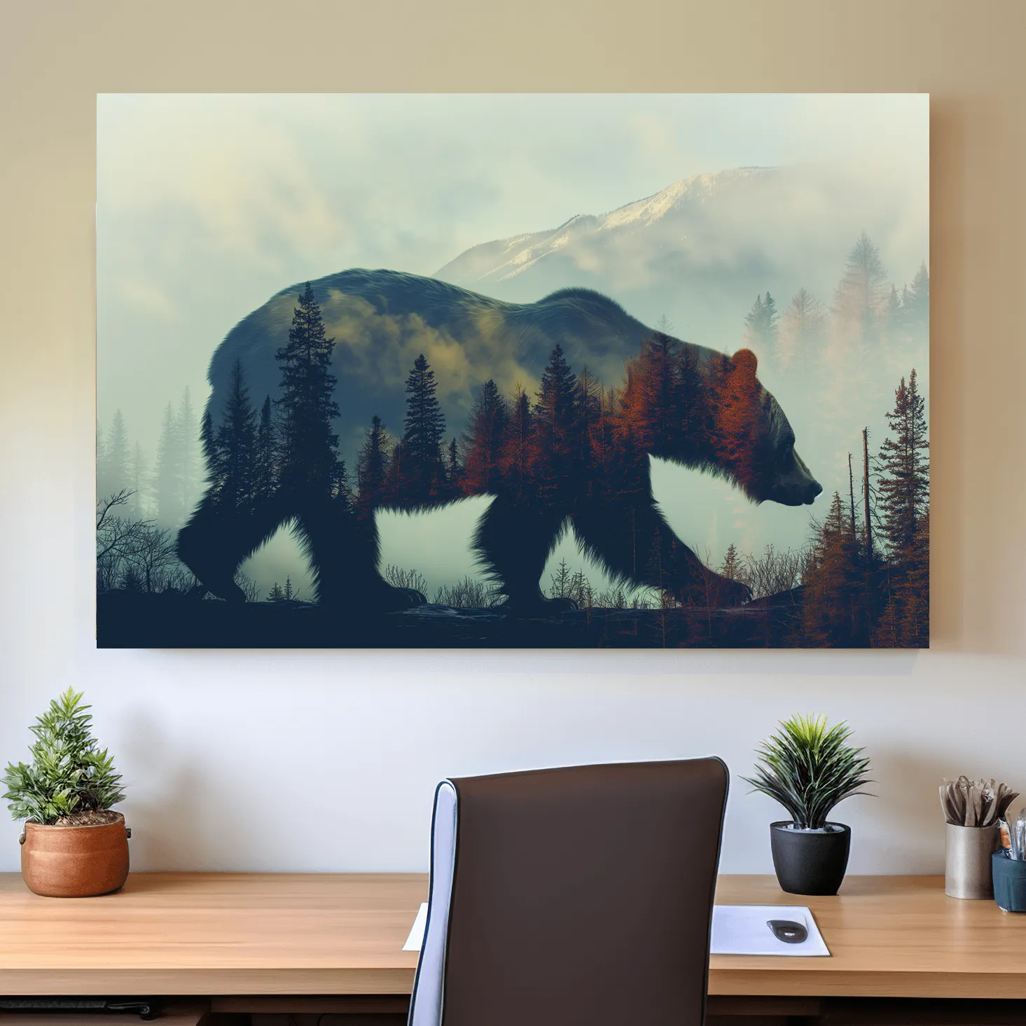 Moody Double Exposure Grizzly Bear Silhouette - Misty Pine Forest Mountain Wall Art