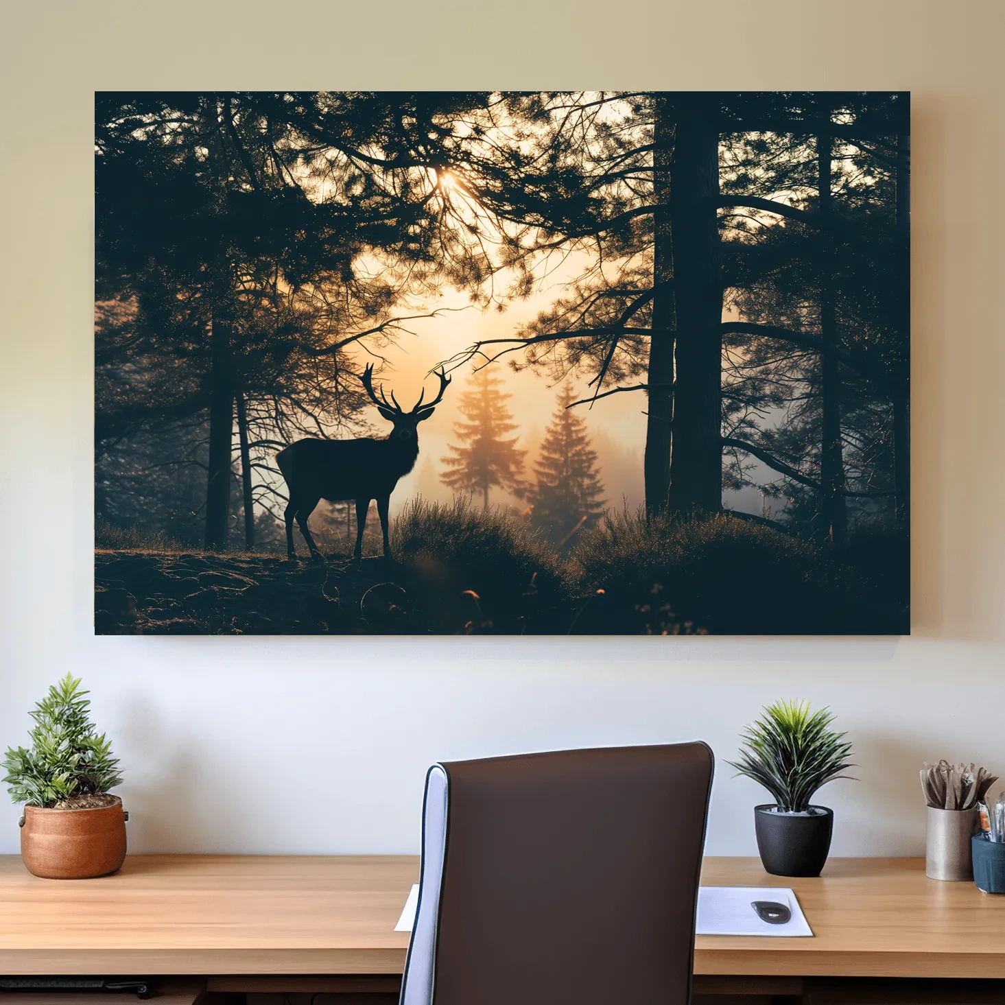Moody Deer Silhouette In Misty Pine Forest - Golden Sunrise Wildlife Wall Art
