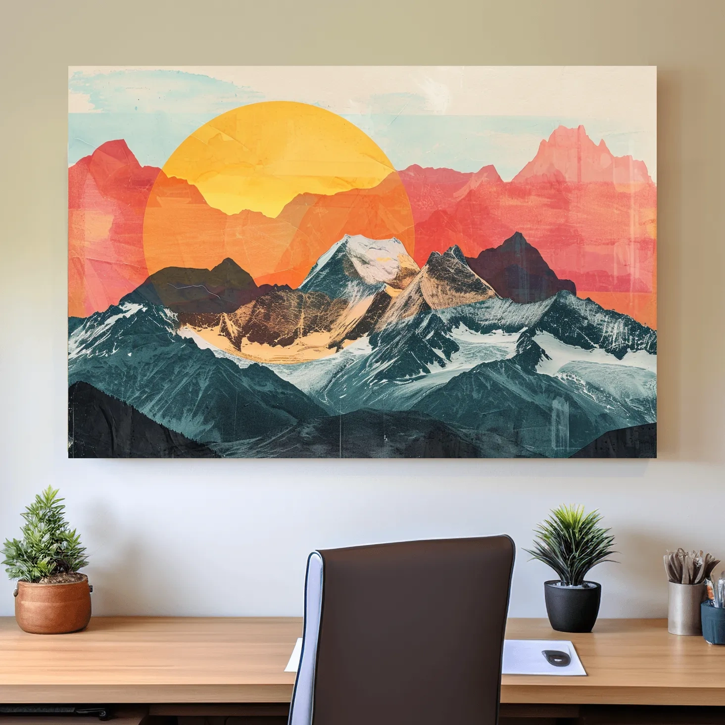 Print collage style abstract mountain artwork