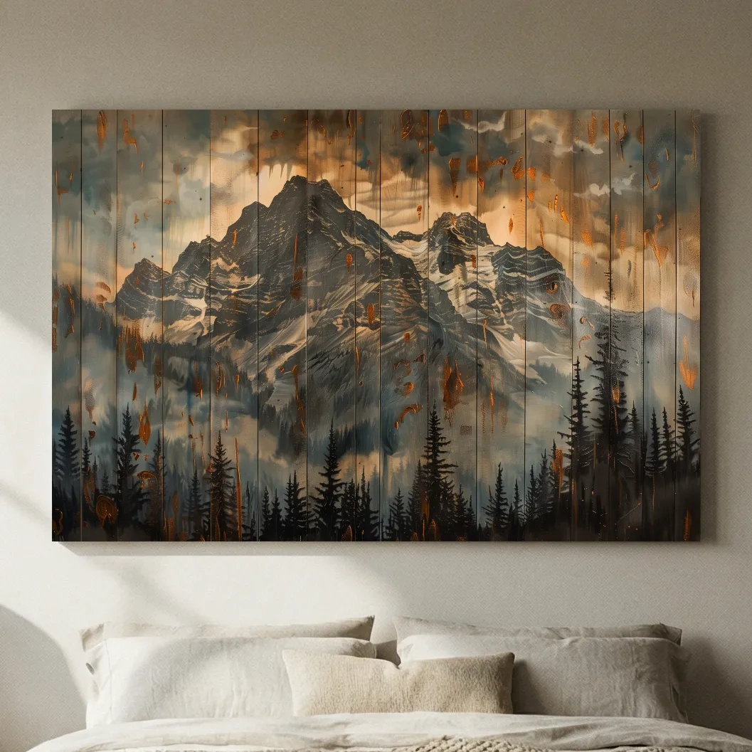 Rustic Mountain Range Painting - Alpine Forest Wood Panel Wall Art