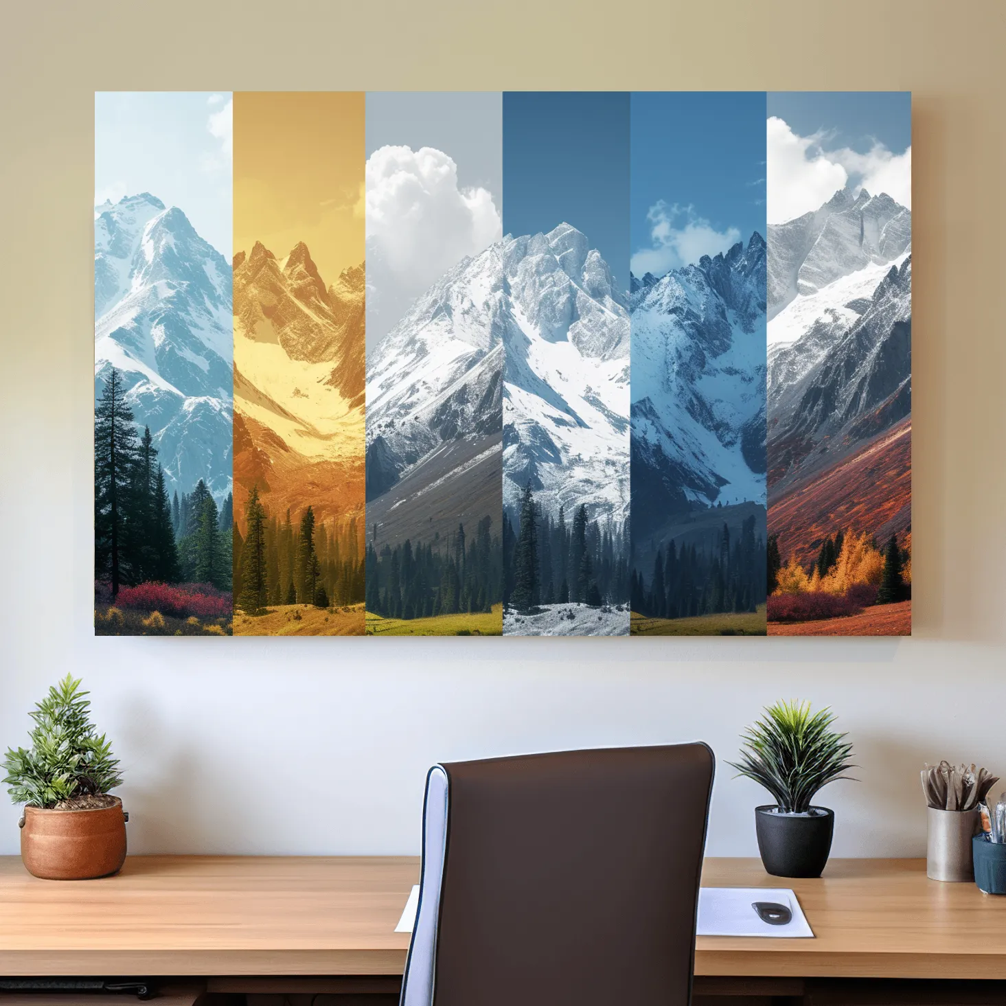 Alpine mountain artwork, forest and glacier, split panel changing of seasons inspired