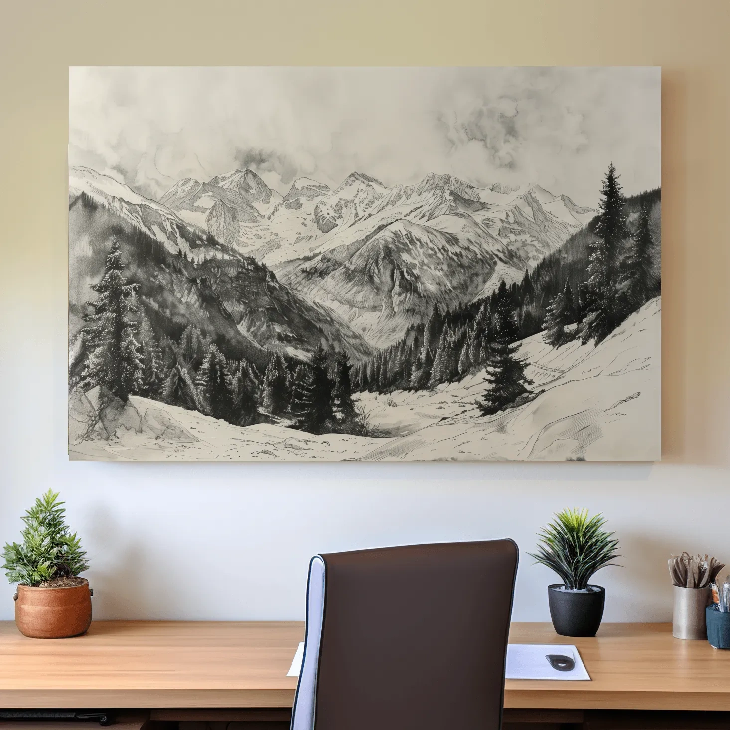 Lead pencil drawing, alpine forest and glacier mountain artwork