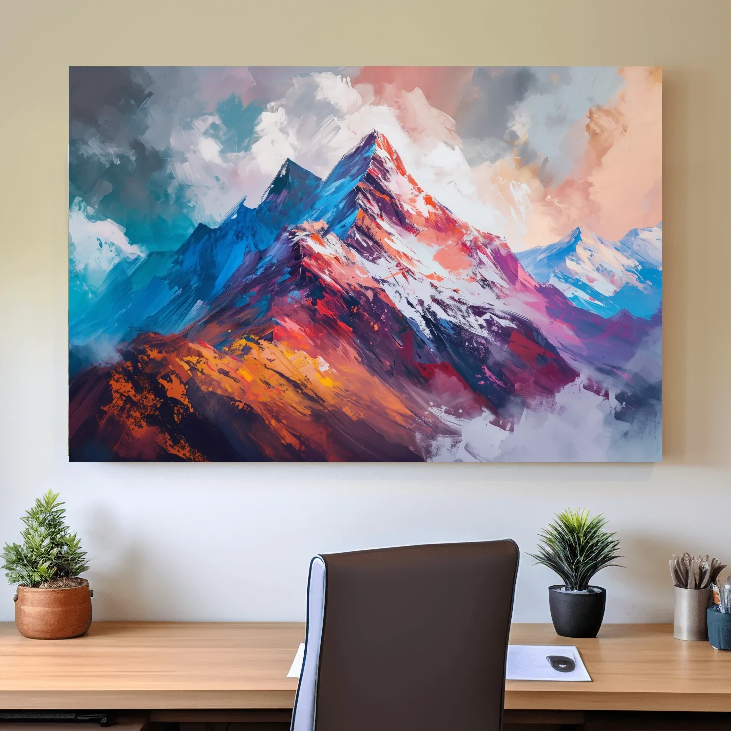 Vibrant impressionism style textured mountain painting artwork