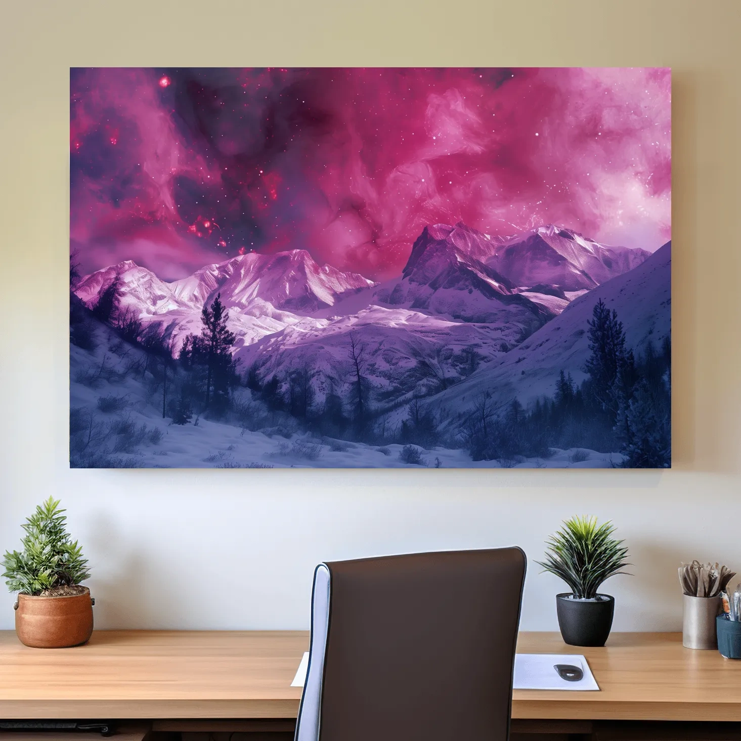 Beautiful pink and purple nebula galaxy sky over snowy glacier mountains, surreal fantasy art style