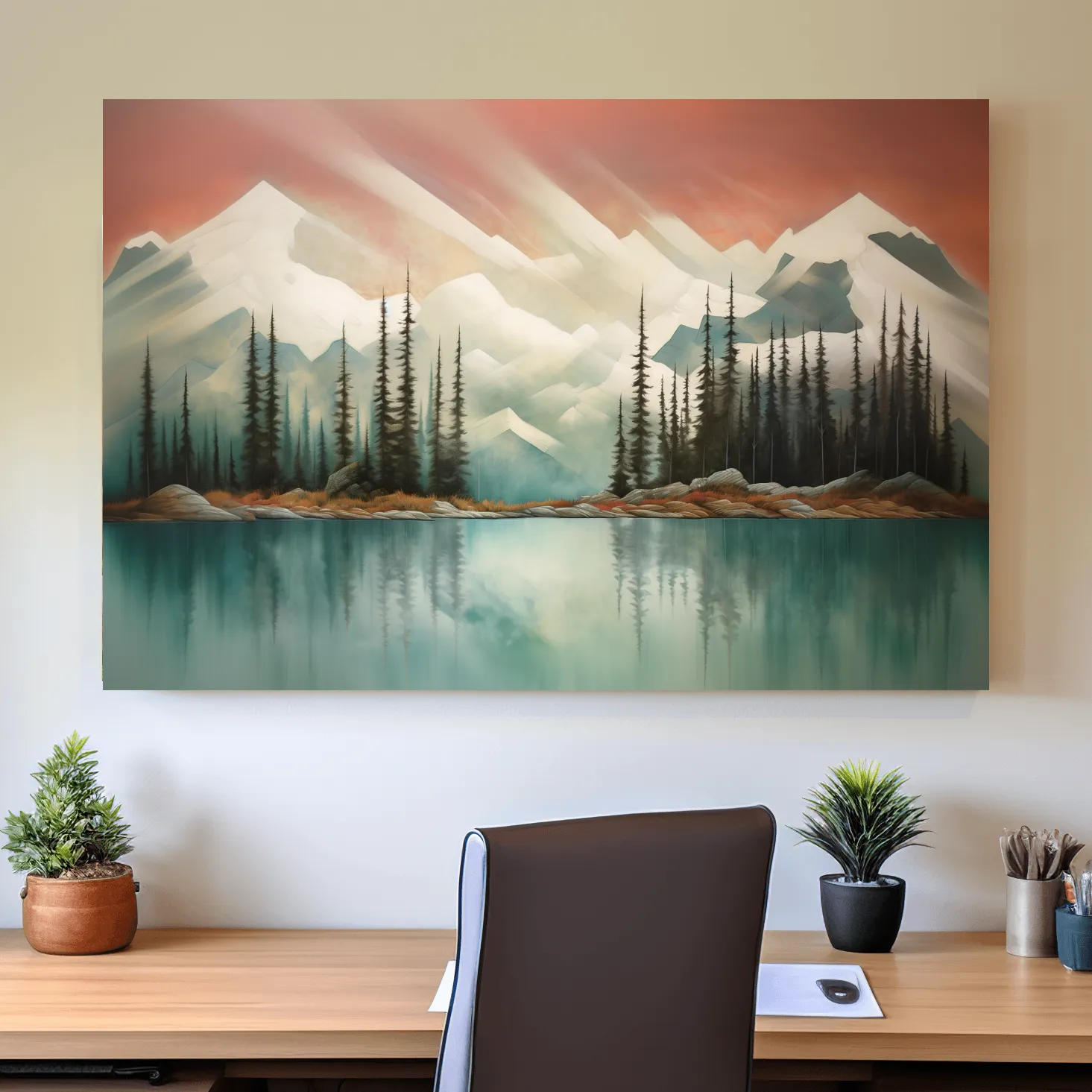 Trees on a beautiful alpine lake, mountain painting, abstract