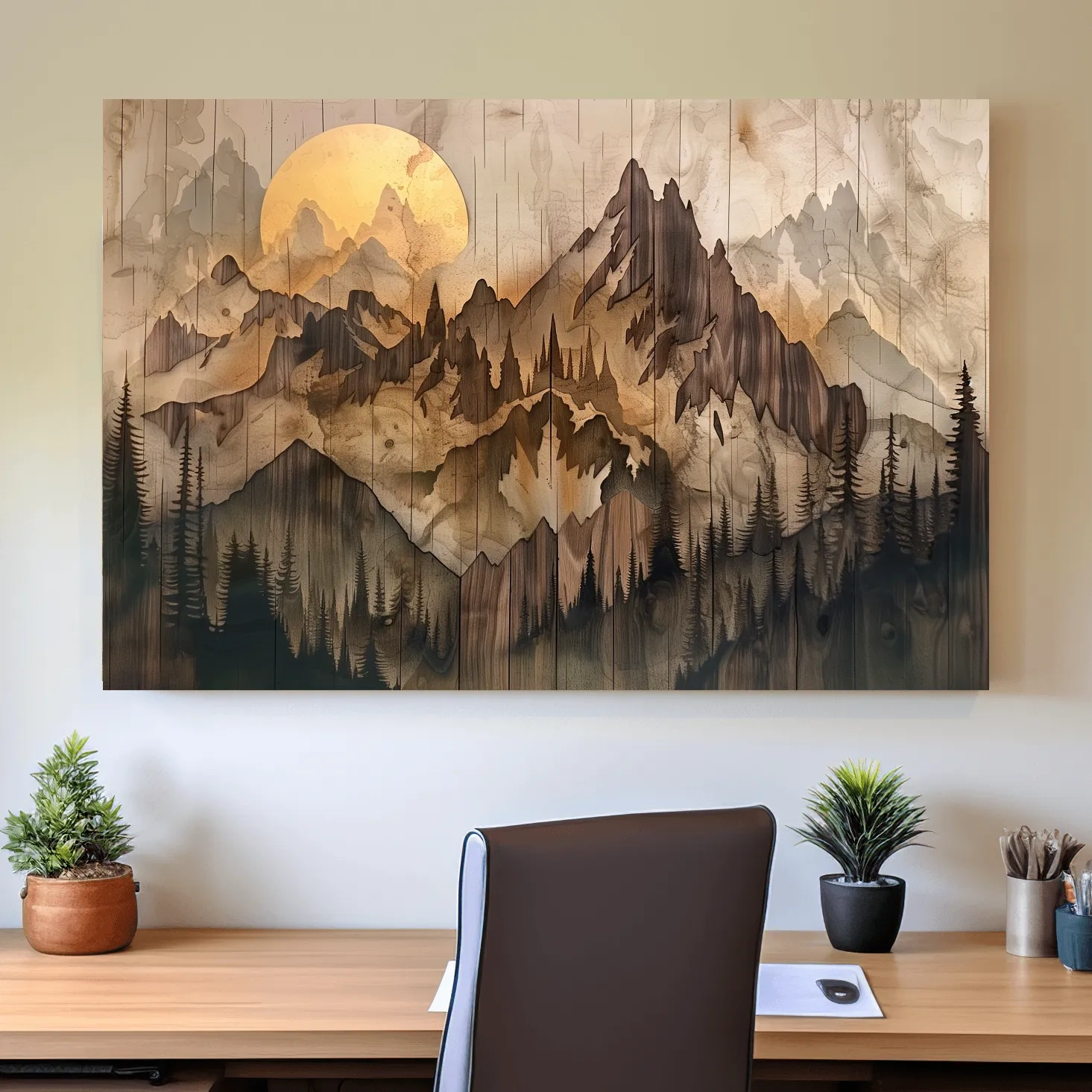 Rustic wood panel effect alpine mountain forest wall art, wood burning effect cabin artwork